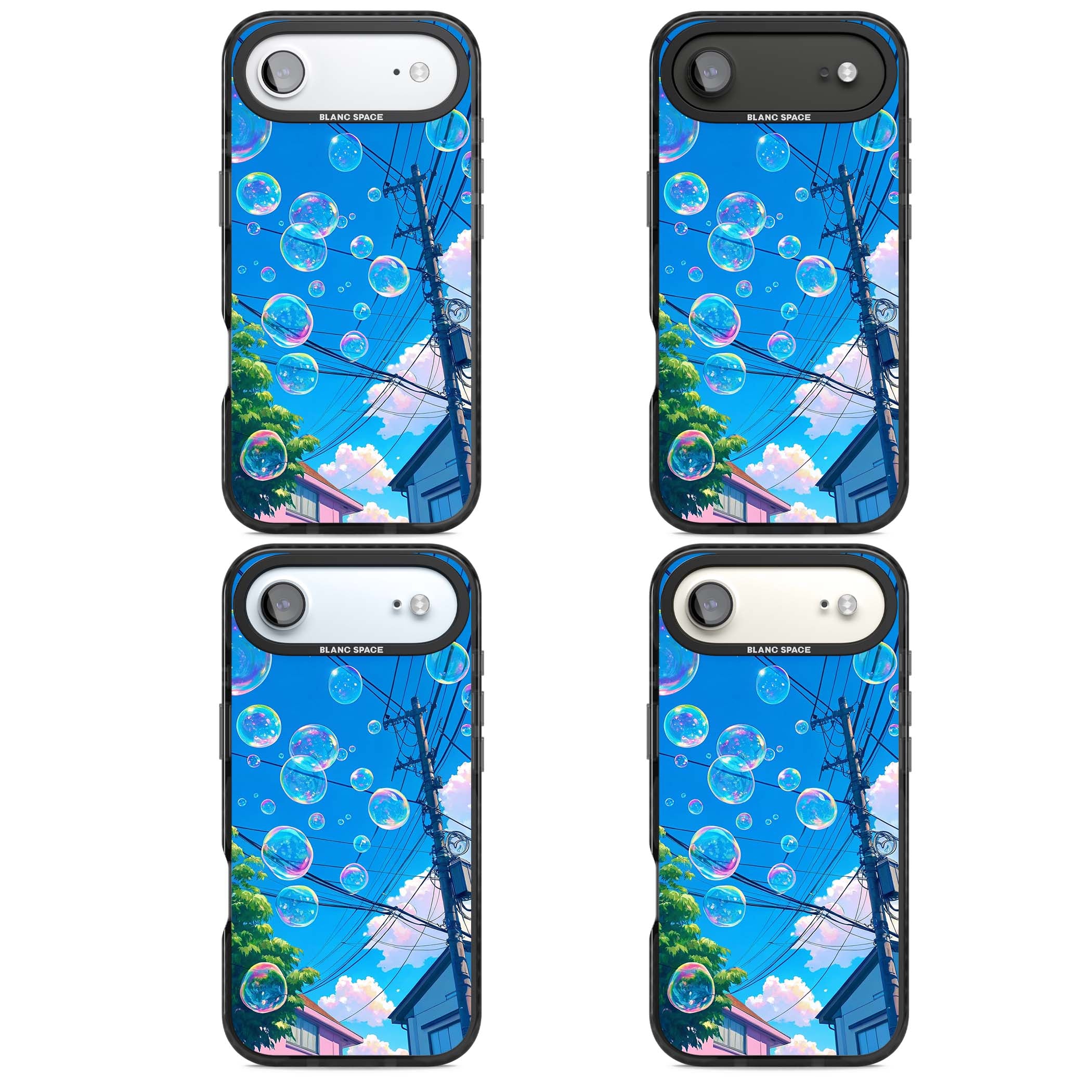 Suburban Bubbles anime iPhone case featuring iridescent soap bubbles, blue sky and Japanese telephone wires | Black Impact Magsafe case for iPhone Air