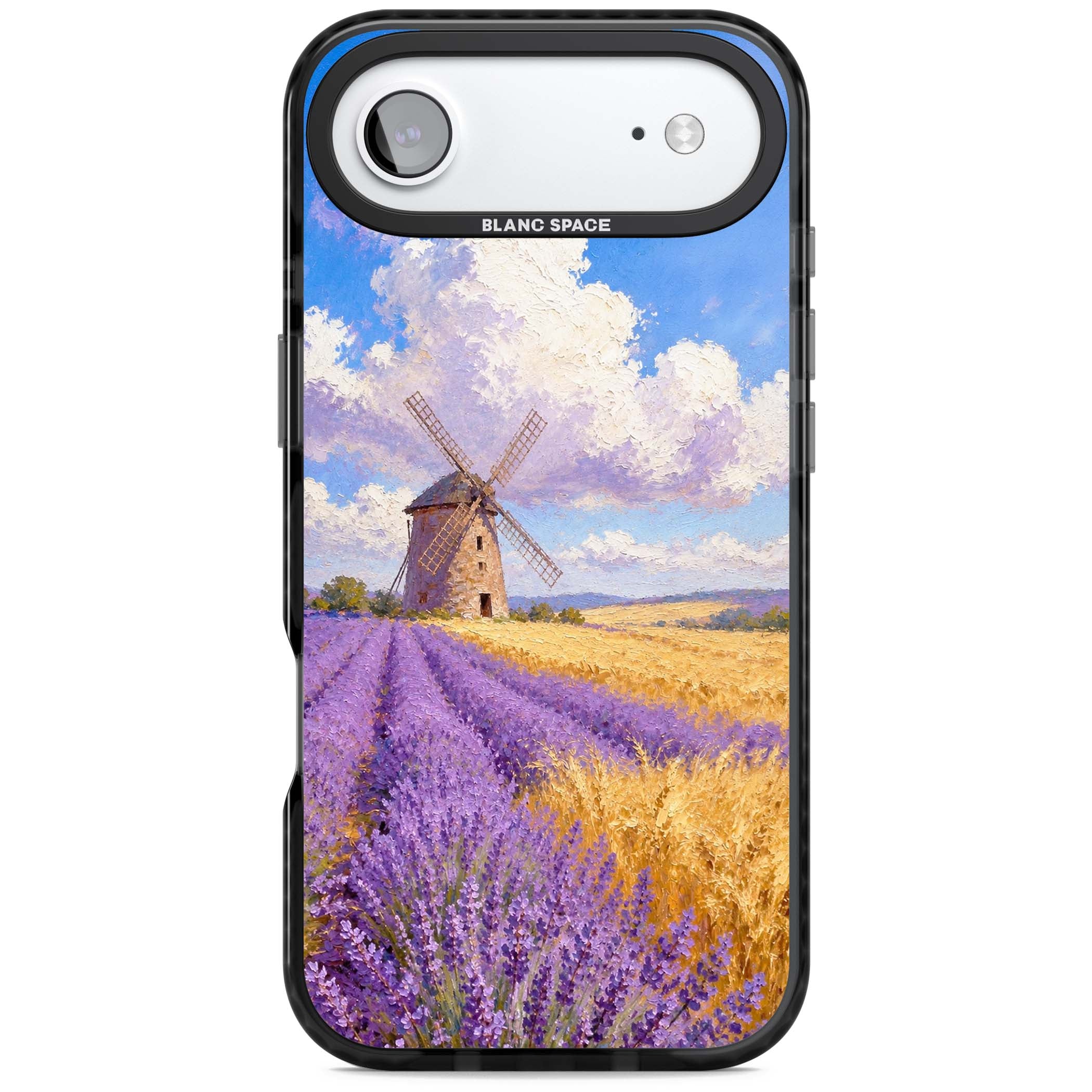 Lavender Mill cottagecore iPhone case featuring a French windmill, lavender field and golden wheat oil painting | Black Impact Magsafe case for iPhone Air