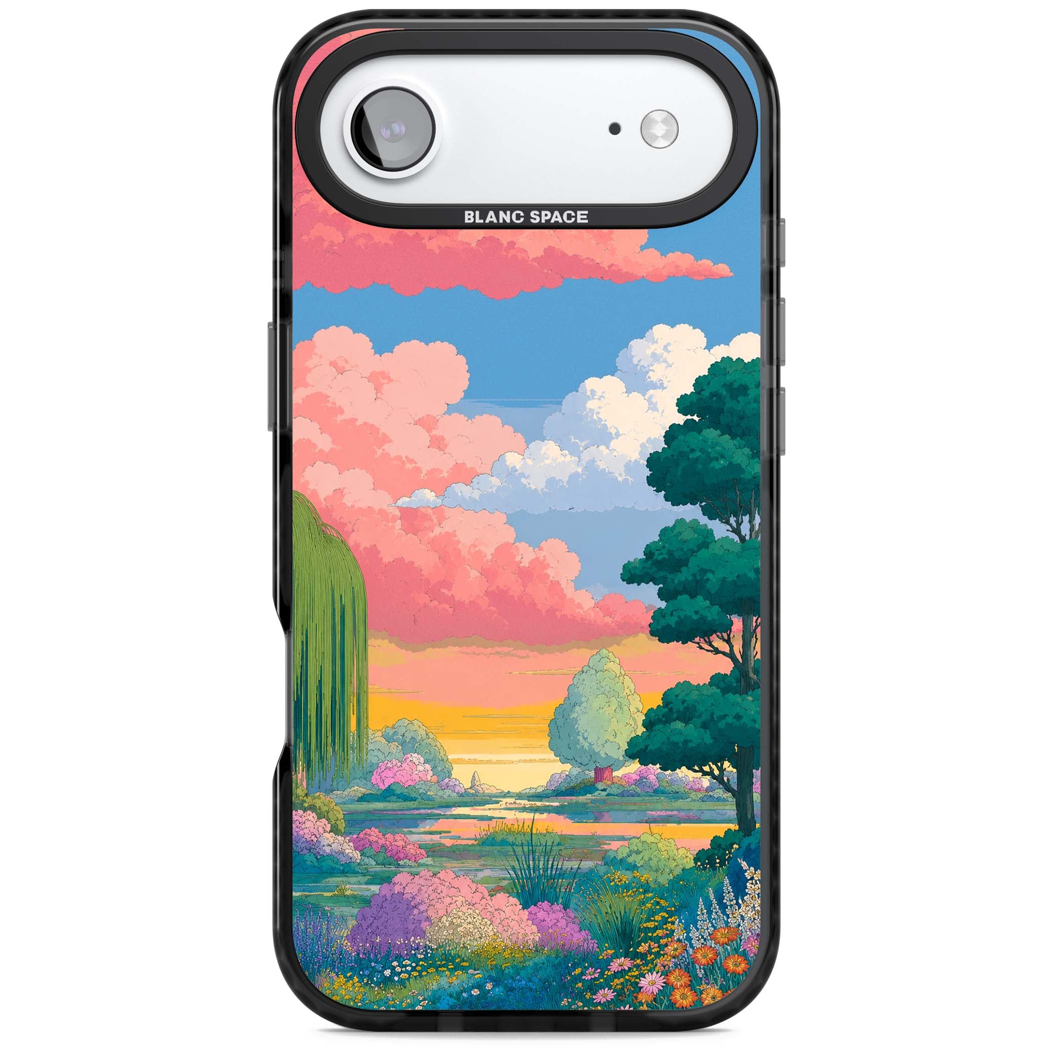 Dream Valley anime landscape iPhone case featuring pink sunset clouds, willow trees and wildflowers | Black Impact Magsafe case for iPhone Air
