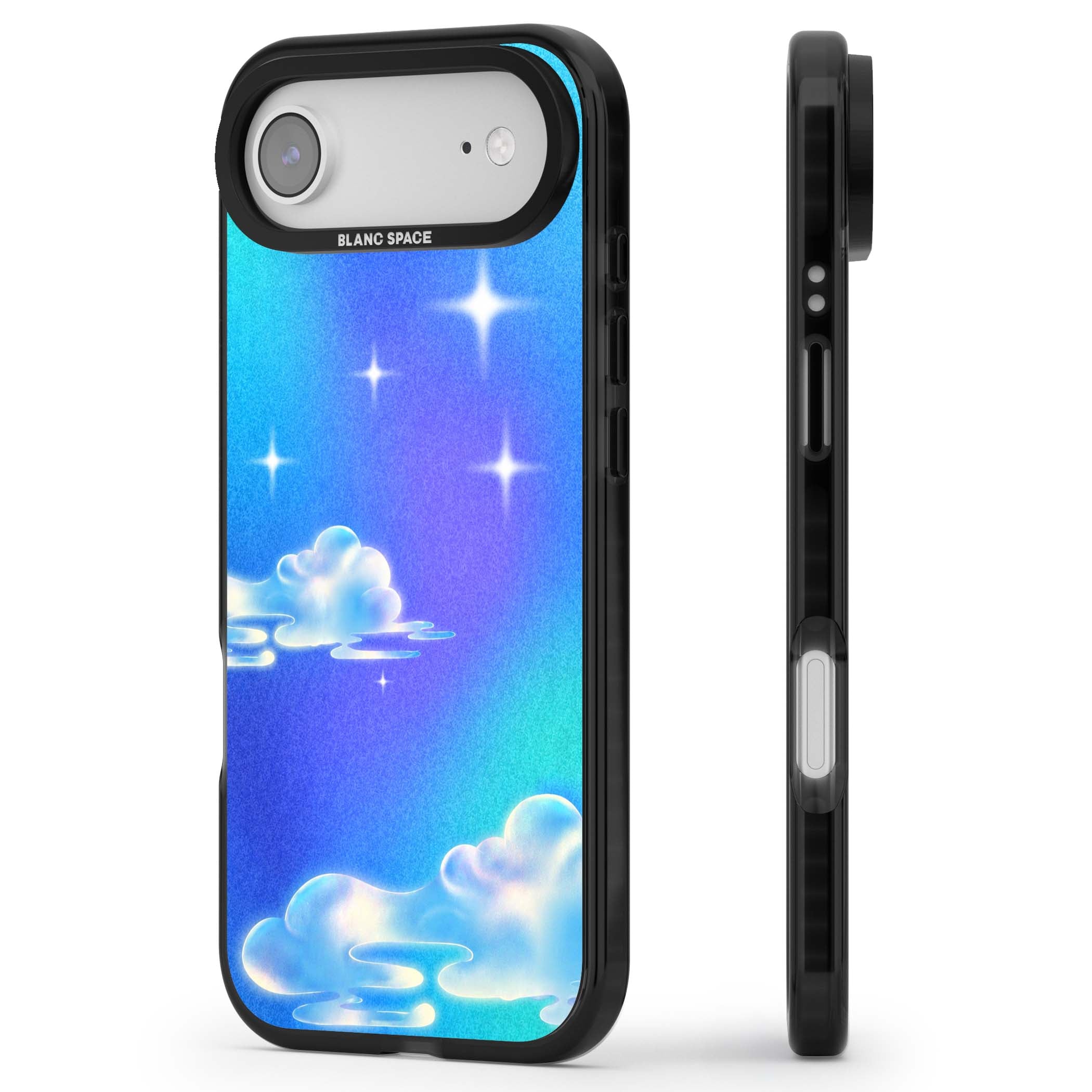 Aurora celestial iPhone case featuring dreamy iridescent clouds, sparkling stars and pastel blue purple sky | Black Impact Magsafe case for iPhone Air