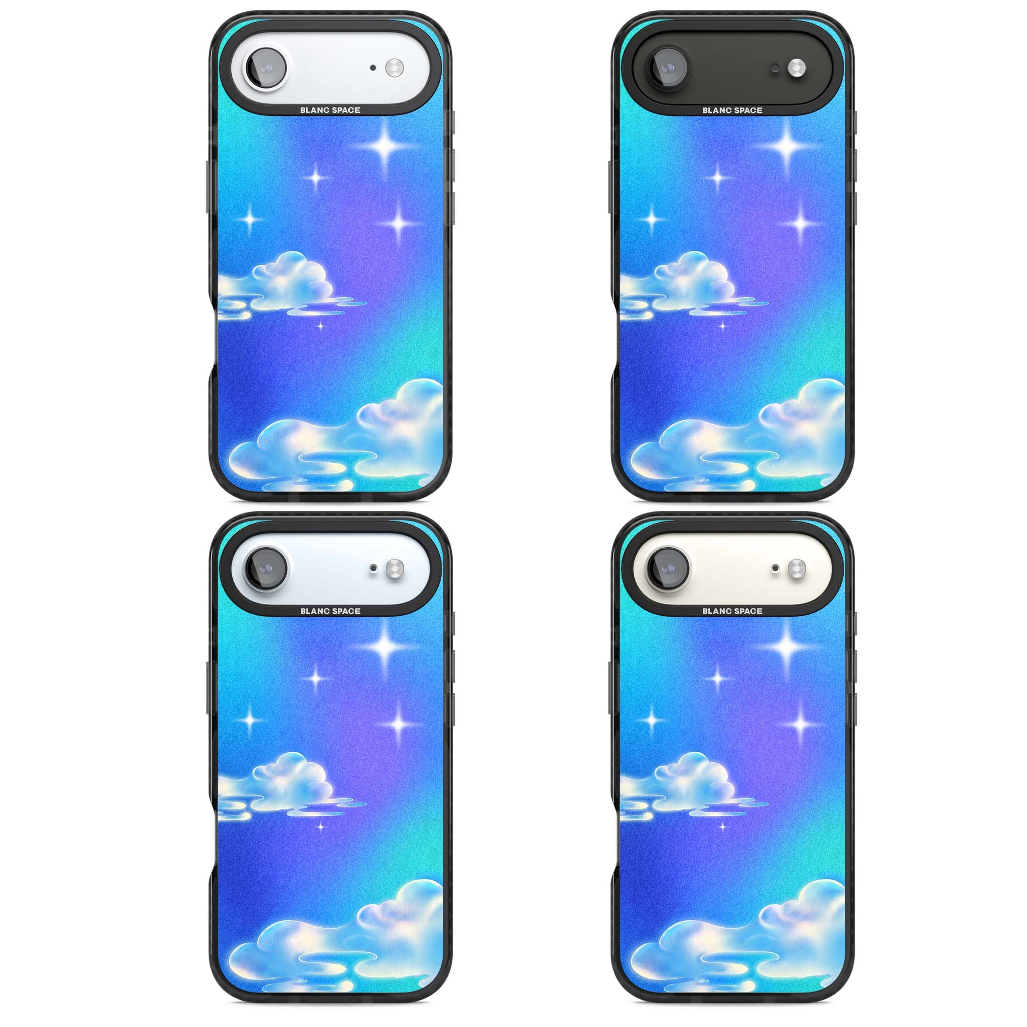 Aurora celestial iPhone case featuring dreamy iridescent clouds, sparkling stars and pastel blue purple sky | Black Impact Magsafe case for iPhone Air