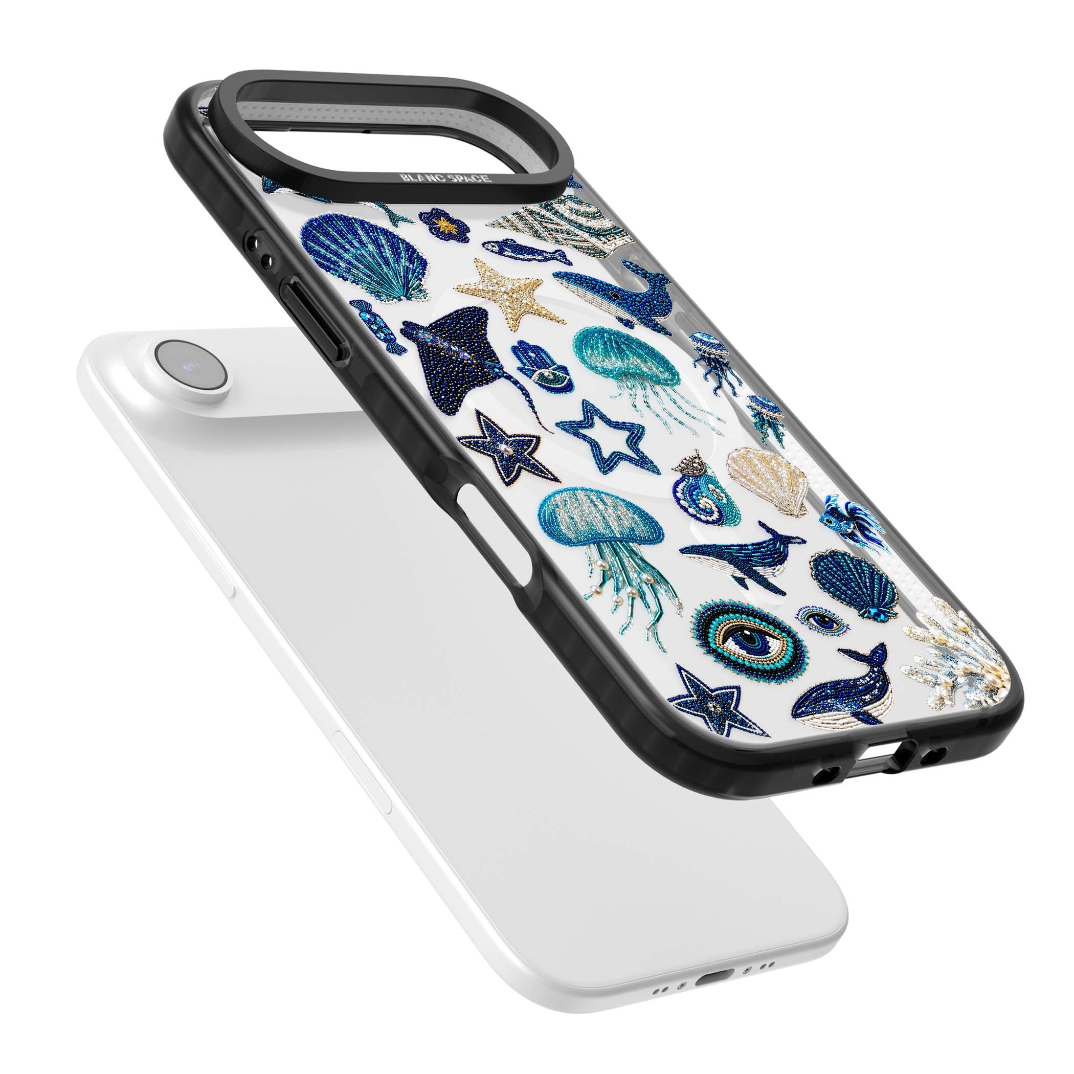 Beaded Coastal coastal iPhone case featuring embroidered seashells, jellyfish and a blue whale on clear | Black Impact Magsafe case for iPhone Air