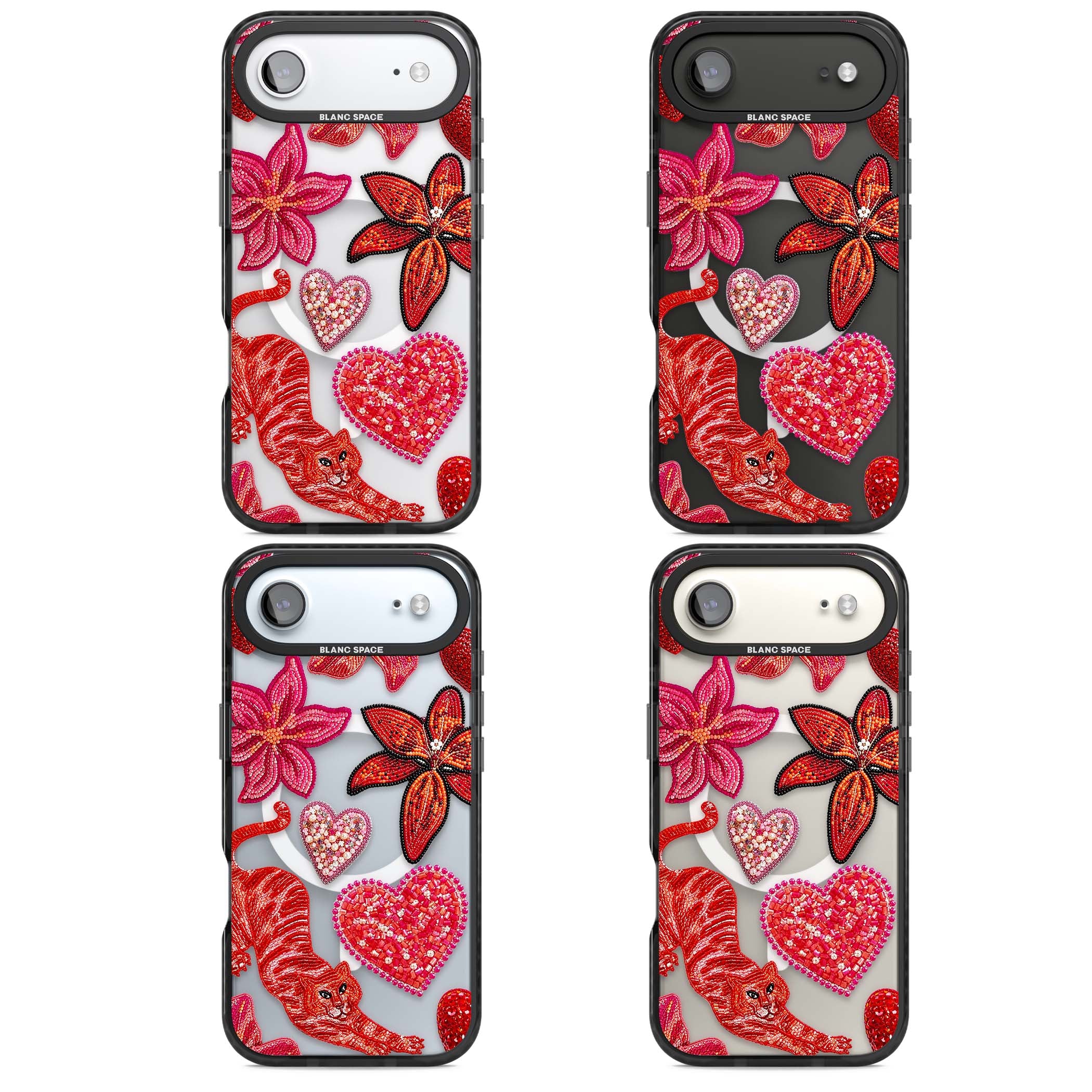Beaded Boho floral iPhone case featuring beaded red lilies, a stitched tiger, and pearl-encrusted hearts on clear | Black Impact Magsafe case for iPhone Air