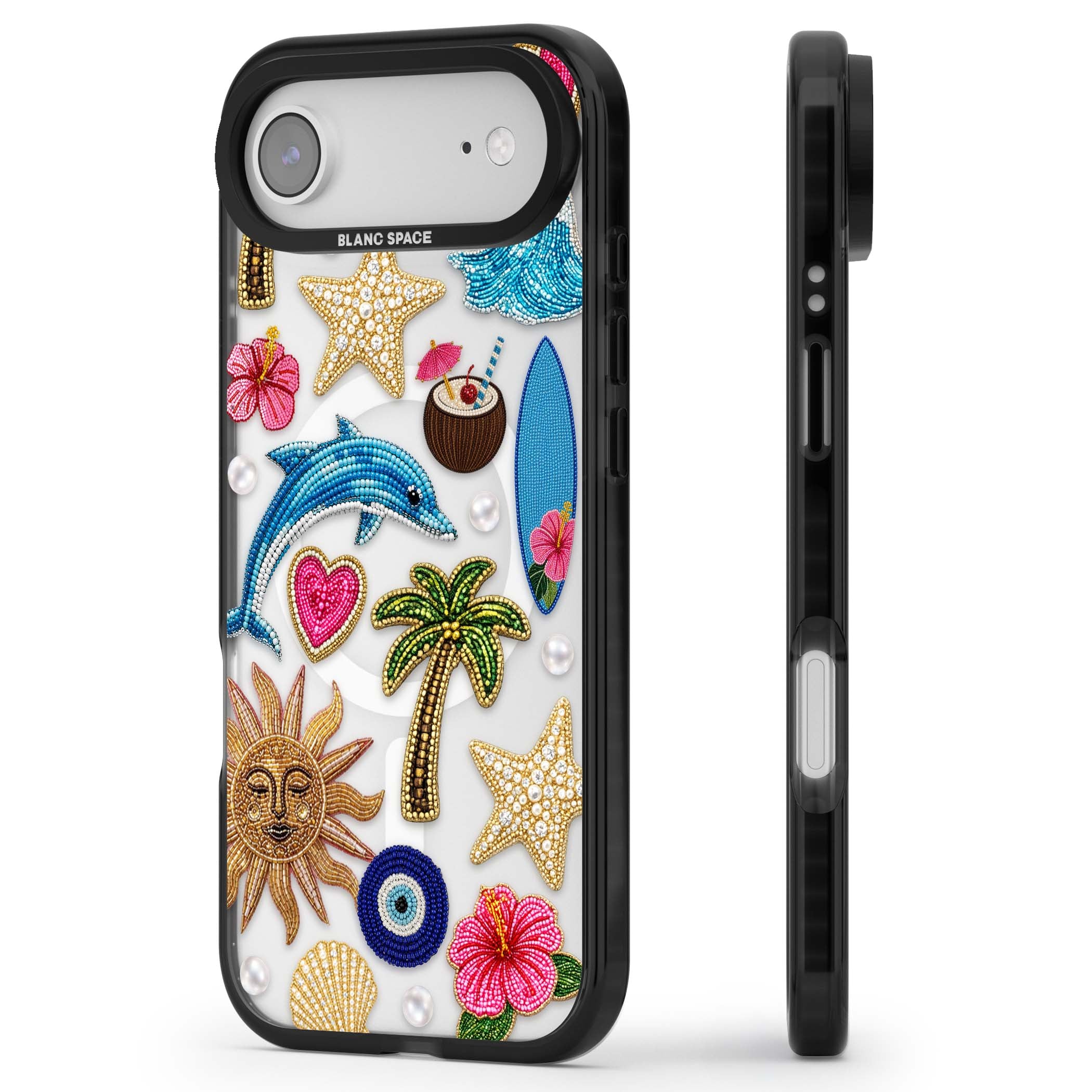 Beaded Beach coastal summer iPhone case featuring embroidered evil eye, hibiscus flowers, dolphin and palm tree patches | Black Impact Magsafe case for iPhone Air