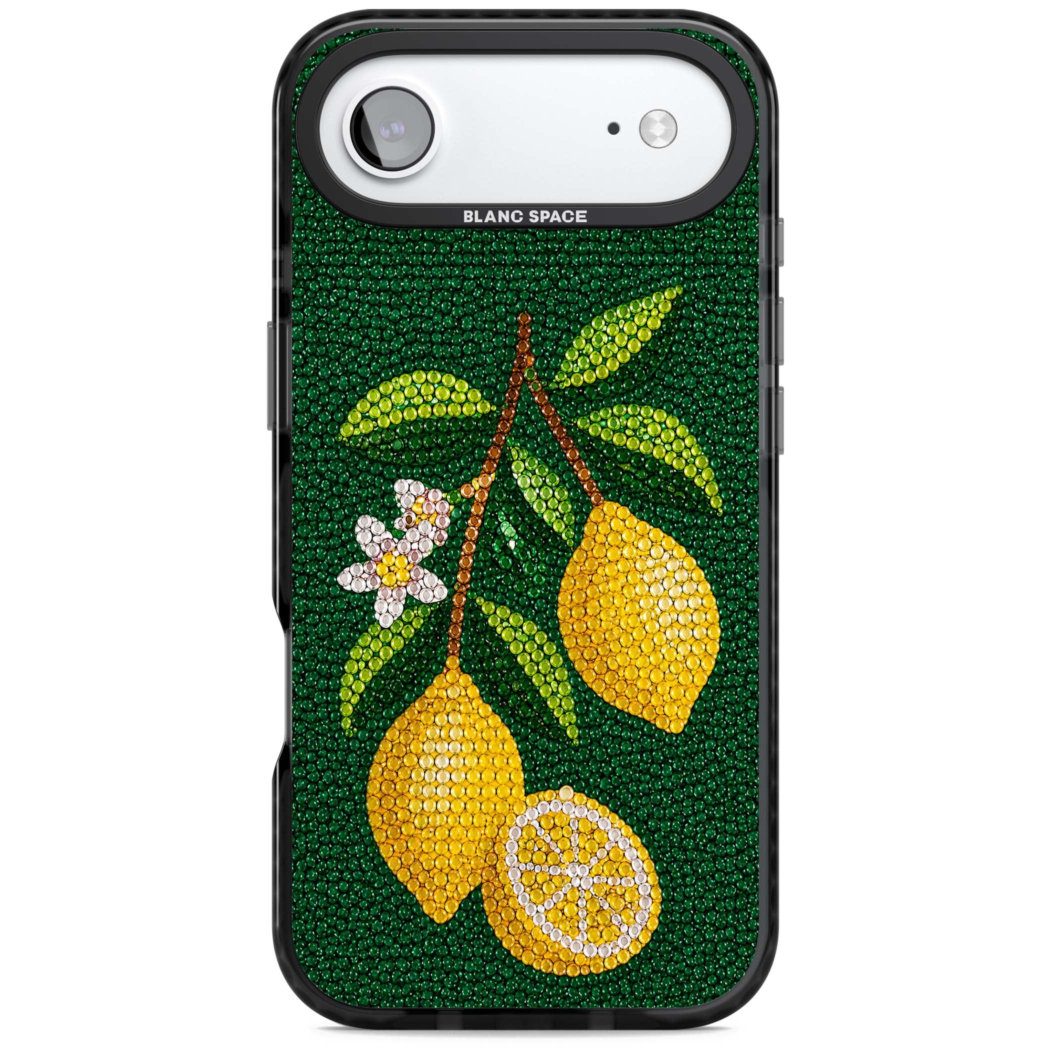 Beaded Lemons coastal iPhone case featuring crystal-beaded lemons, citrus blossom and green leaves on emerald ground | Black Impact Magsafe case for iPhone Air