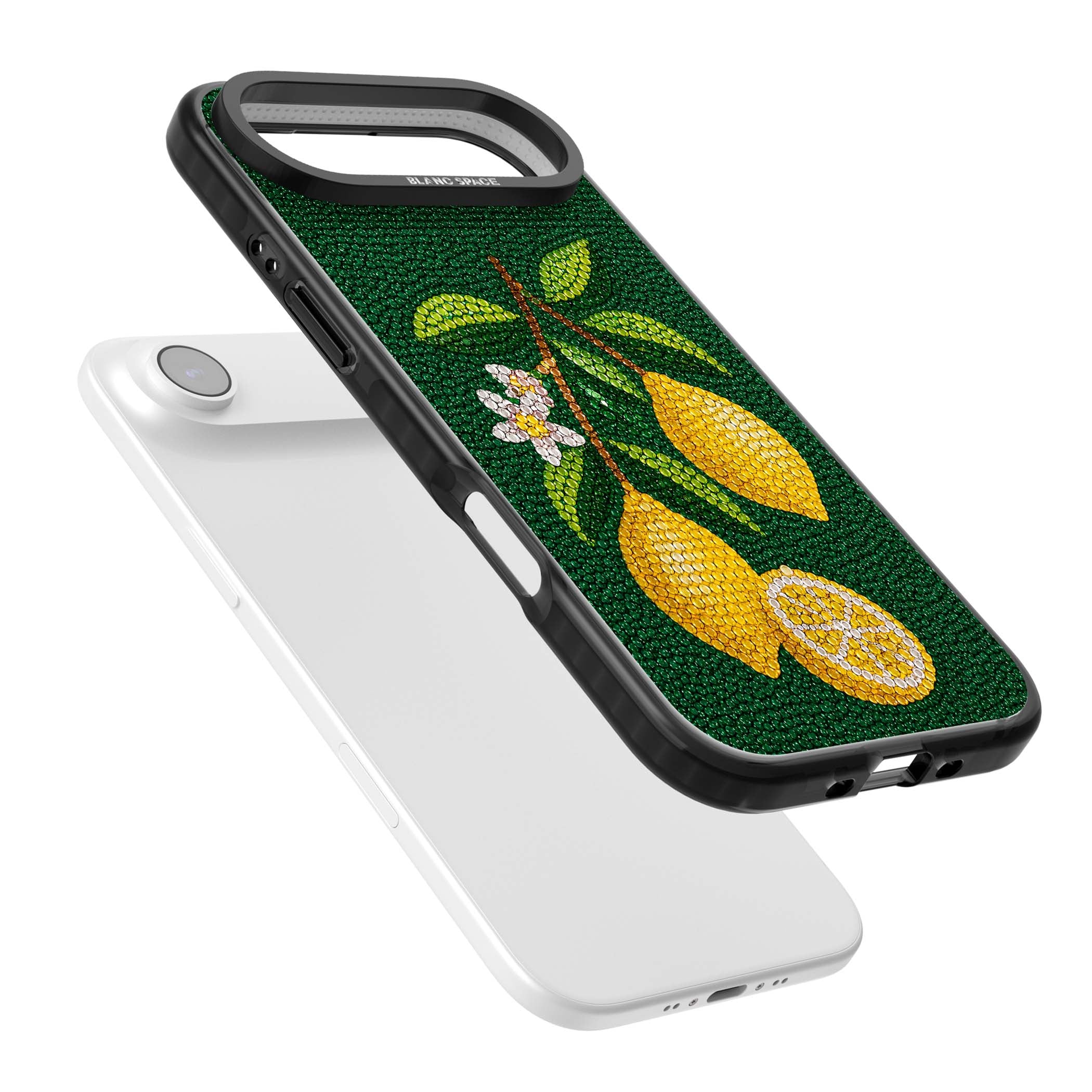 Beaded Lemons coastal iPhone case featuring crystal-beaded lemons, citrus blossom and green leaves on emerald ground | Black Impact Magsafe case for iPhone Air
