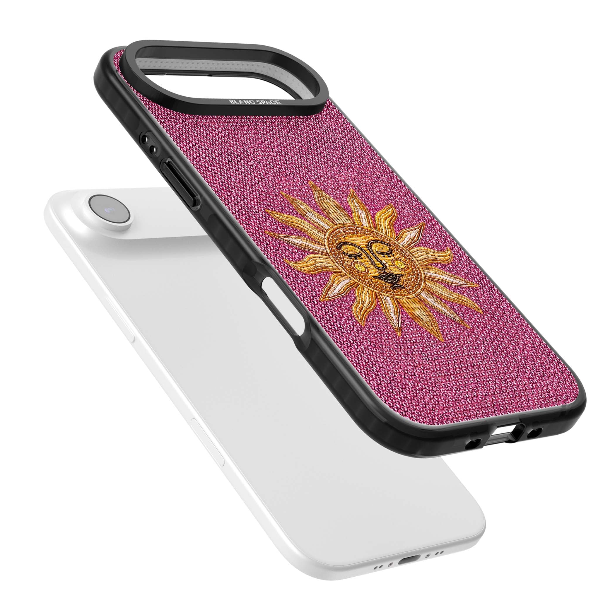 Beaded Sun celestial iPhone case featuring a golden beaded sun face with radiant rays on hot pink beaded background | Black Impact Magsafe case for iPhone Air