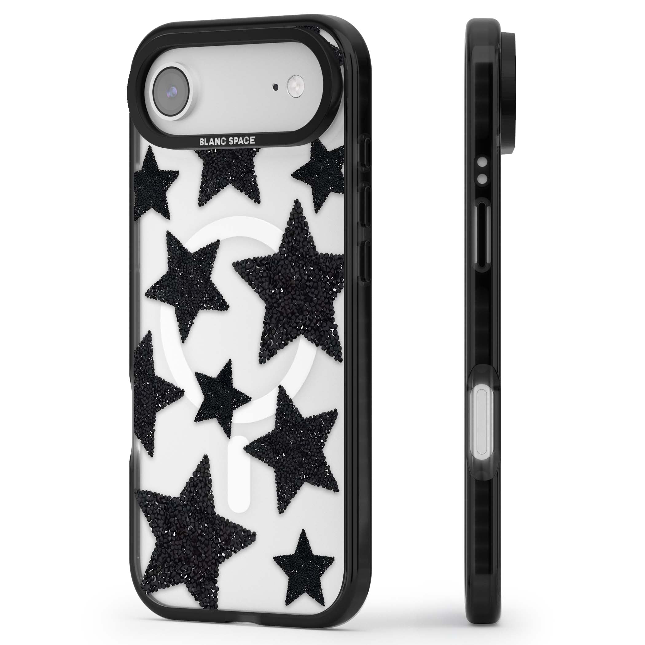 Beaded Black Stars celestial iPhone case featuring black glitter beaded stars scattered on a clear background | Black Impact Magsafe case for iPhone Air