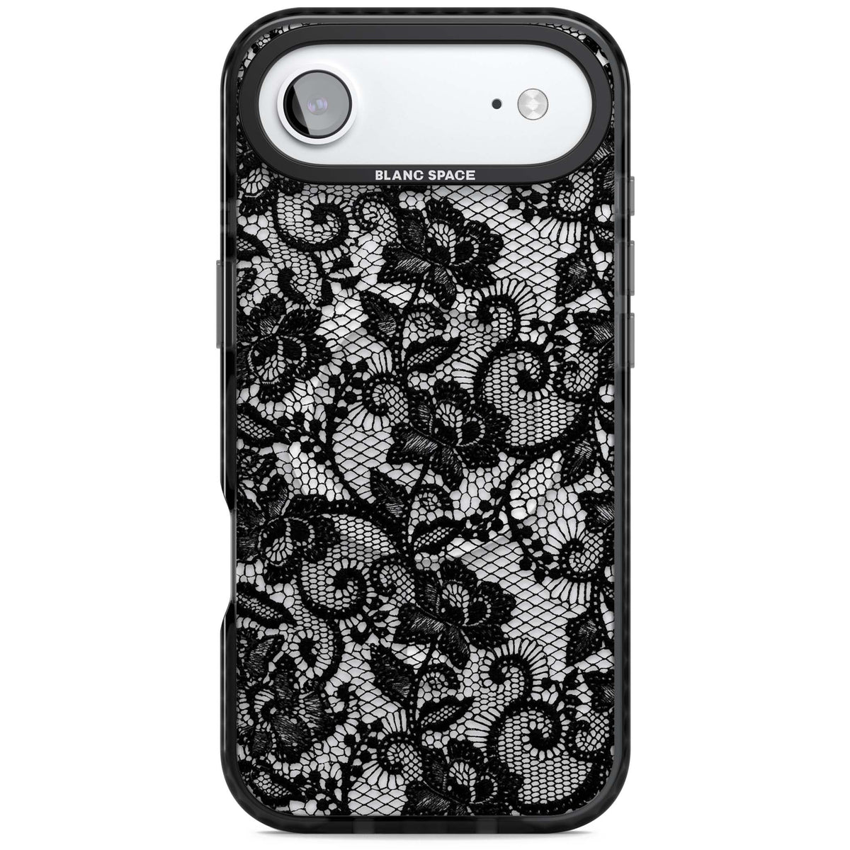 Black Lace gothic iPhone case featuring intricate black floral lace pattern with vintage whimsigoth detail | Black Impact Magsafe case for iPhone Air