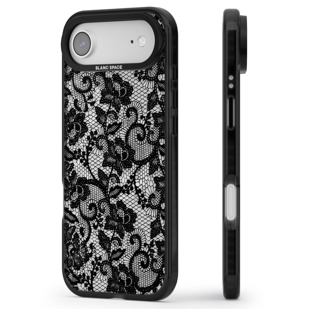 Black Lace gothic iPhone case featuring intricate black floral lace pattern with vintage whimsigoth detail | Black Impact Magsafe case for iPhone Air