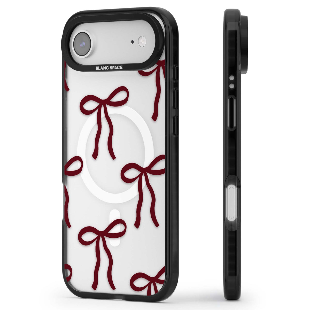 Burgundy Bows coquette iPhone case featuring hand-drawn burgundy red bows on a clear background | Black Impact Magsafe case for iPhone Air