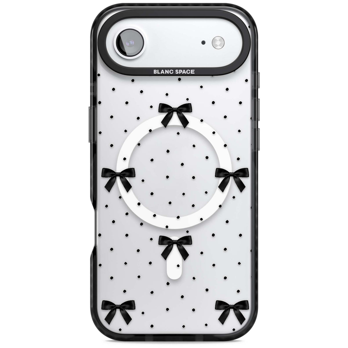 Black Polka Bows coquette iPhone case featuring scattered black satin bows and tiny polka dots on a clear base | Black Impact Magsafe case for iPhone Air