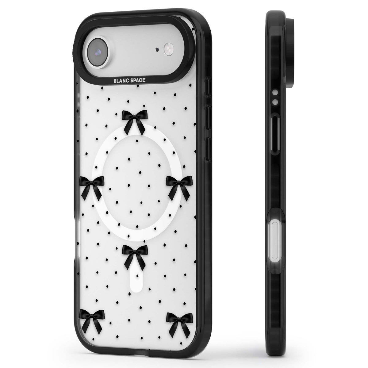 Black Polka Bows coquette iPhone case featuring scattered black satin bows and tiny polka dots on a clear base | Black Impact Magsafe case for iPhone Air