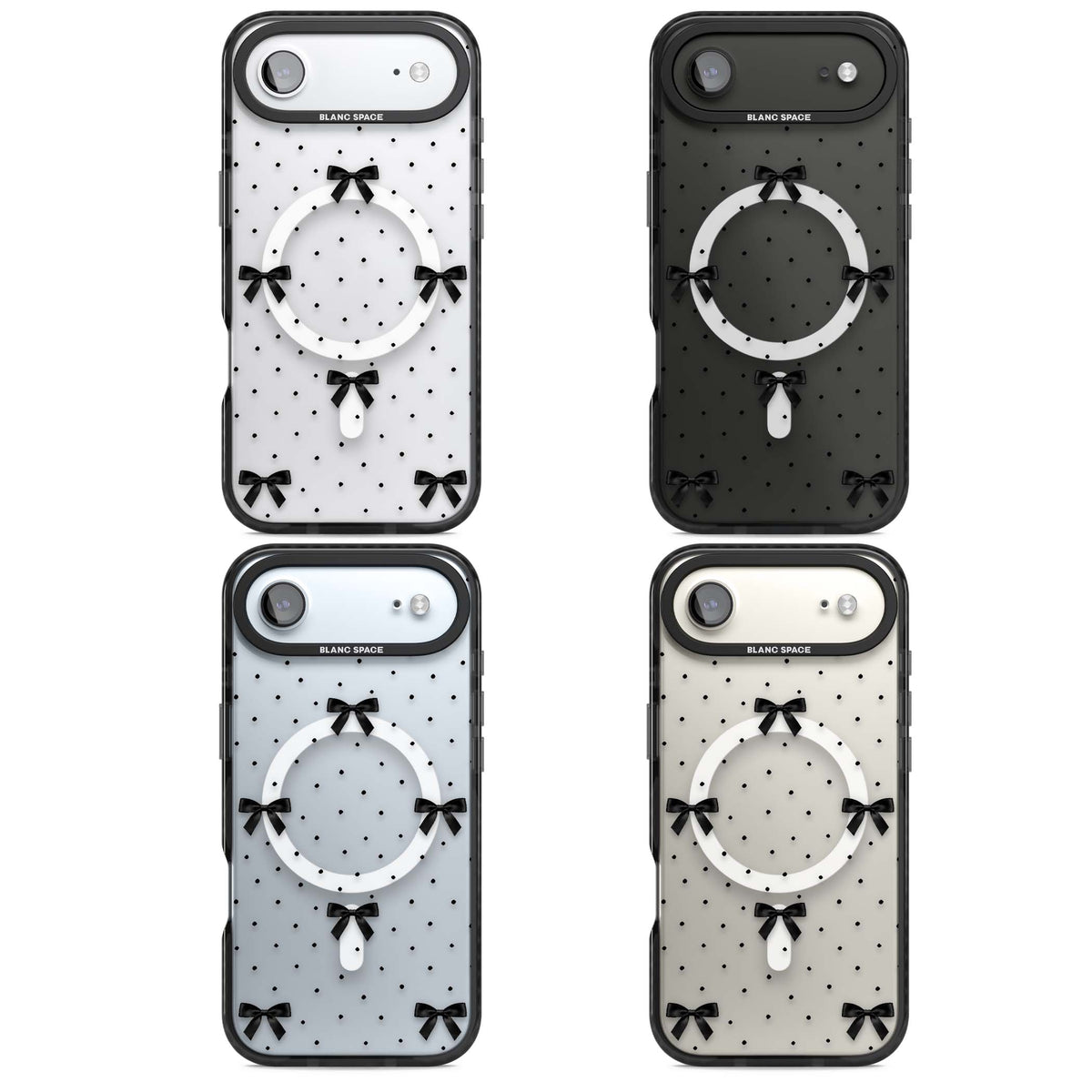 Black Polka Bows coquette iPhone case featuring scattered black satin bows and tiny polka dots on a clear base | Black Impact Magsafe case for iPhone Air