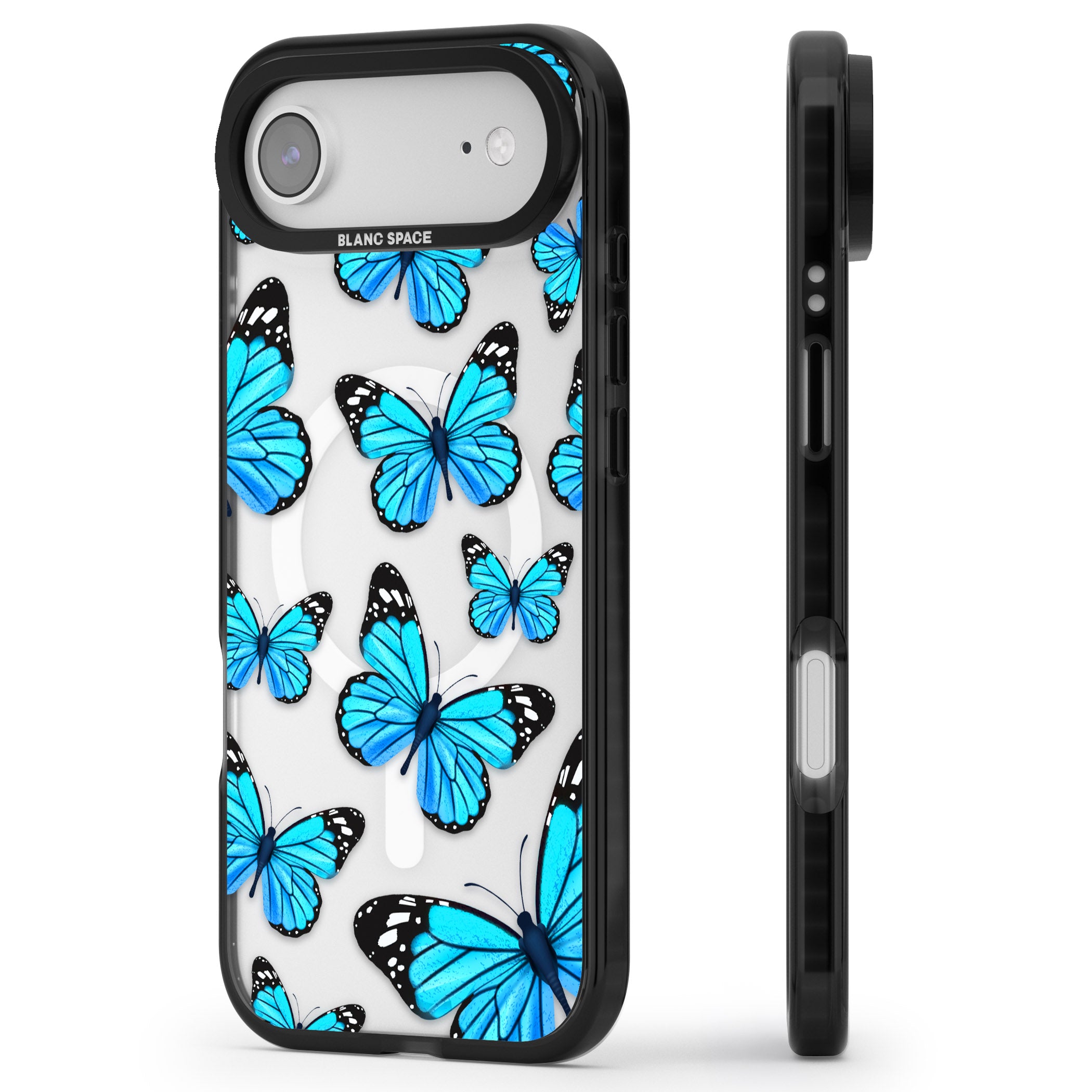 Blue Butterflies iPhone 17 Air Impact Pro Black Phone Case Side Profile
