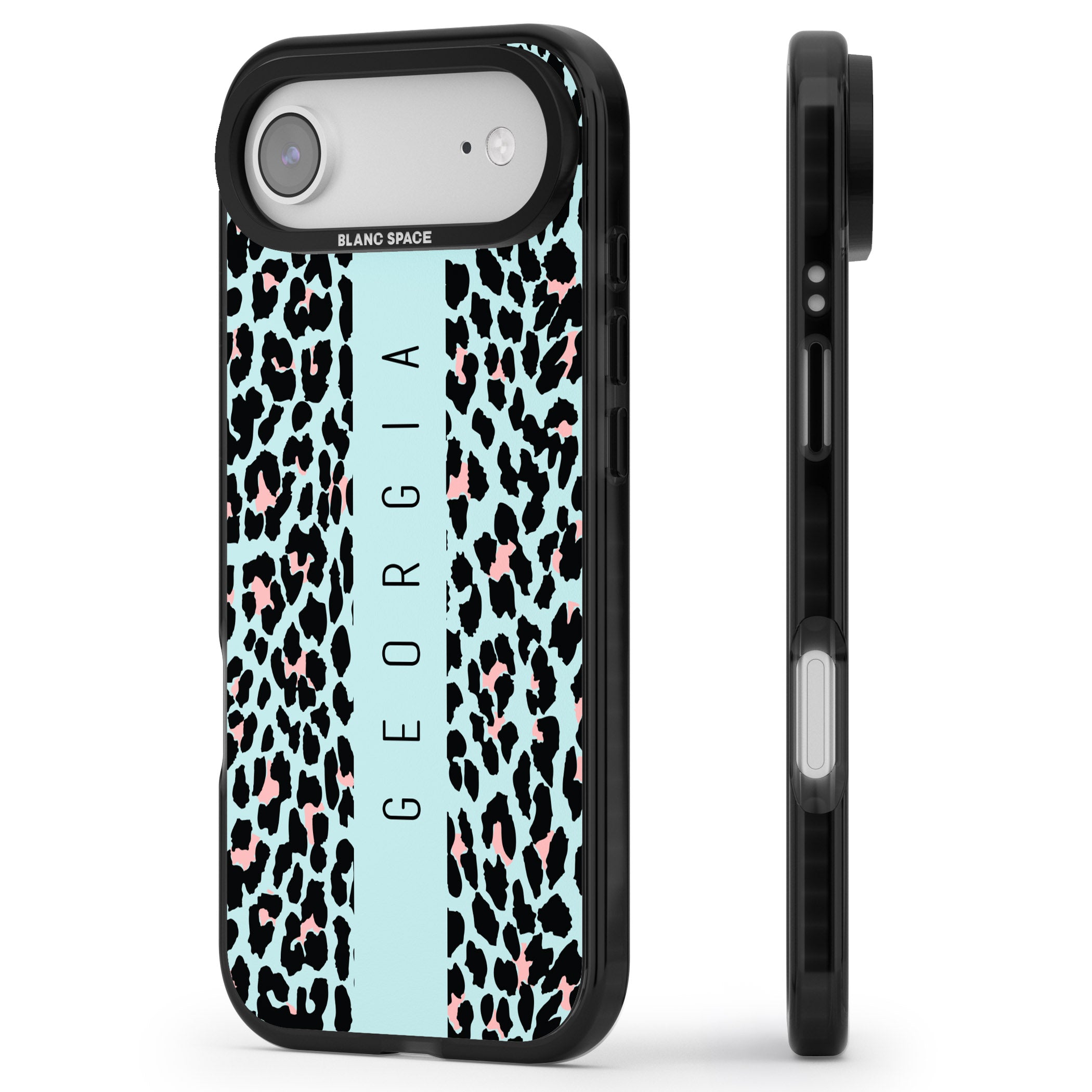 Personalised Blue Leopard iPhone 17 Air Impact Pro Black Phone Case Side Profile