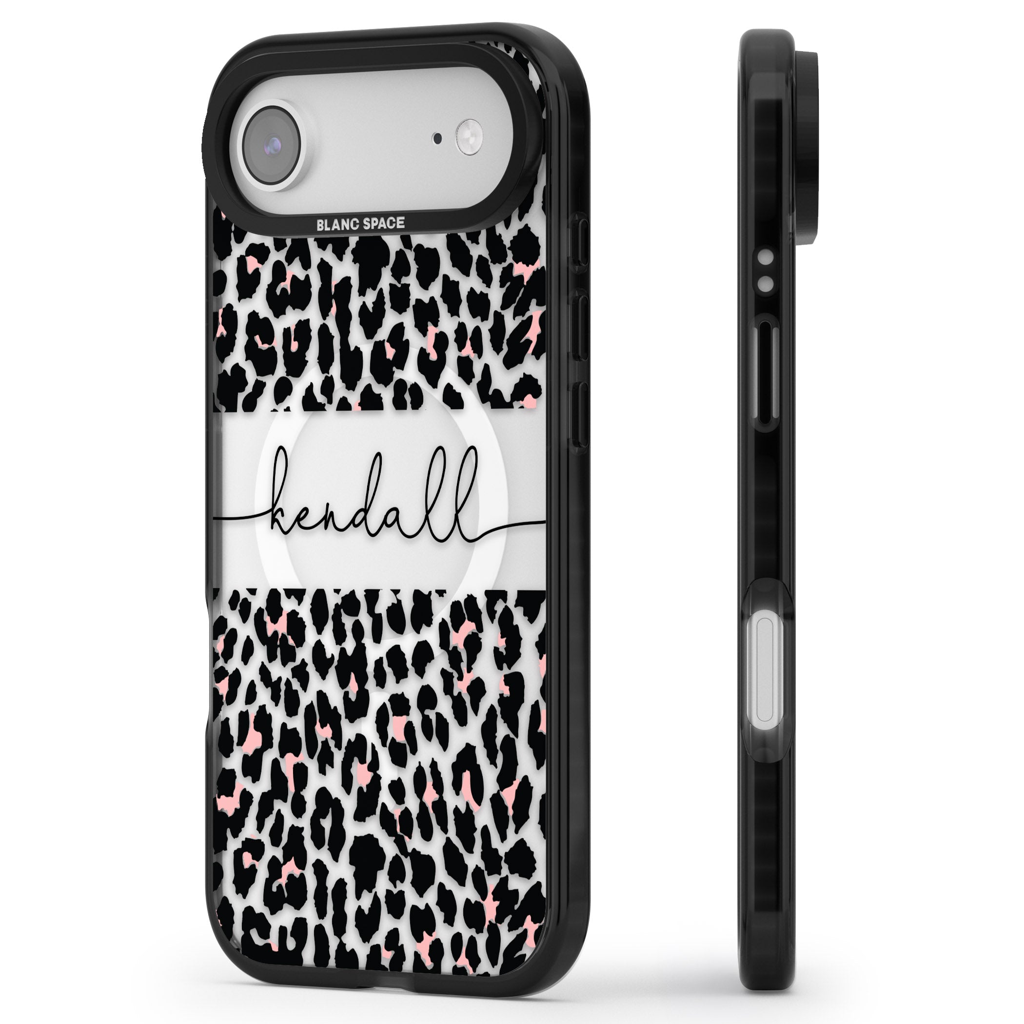 Personalised Cursive Leopard Spots iPhone 17 Air Impact Pro Black Phone Case Side Profile