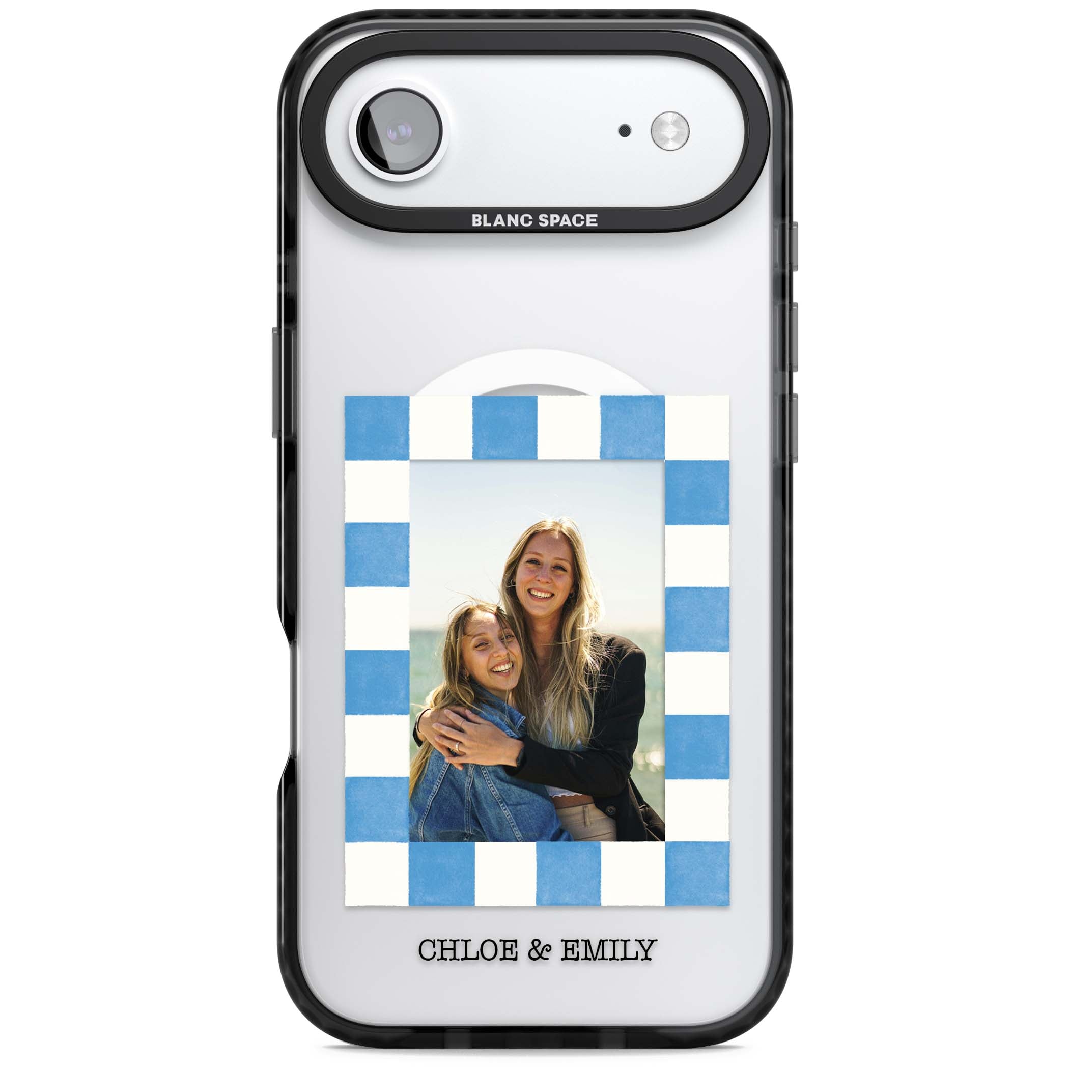 Blue Check Photo personalised photo iPhone case with blue checkered frame and custom couple names | Black Impact Magsafe case for iPhone Air