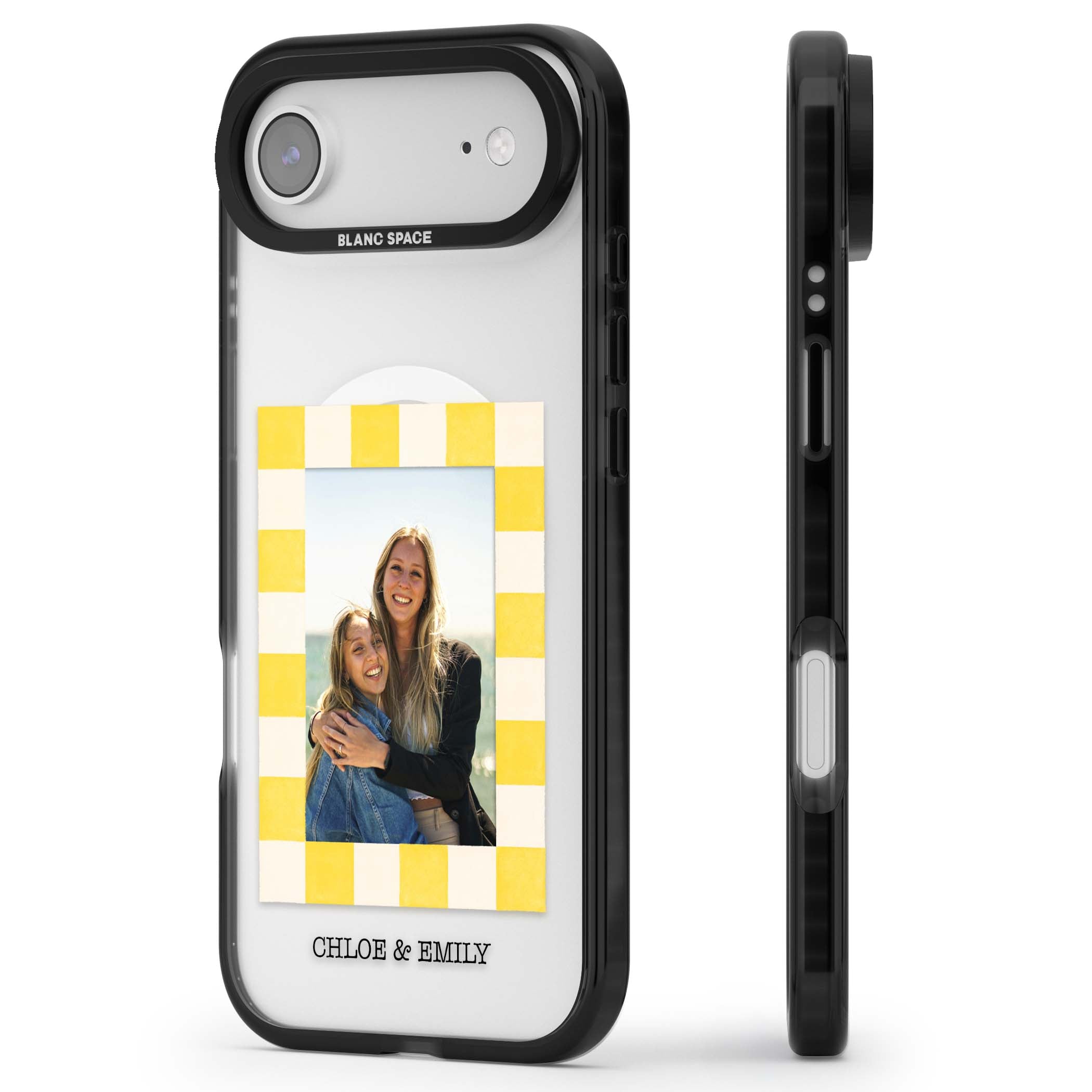 Yellow Check Photo personalised iPhone case with yellow checkered Polaroid frame and custom names beneath | Black Impact Magsafe case for iPhone Air