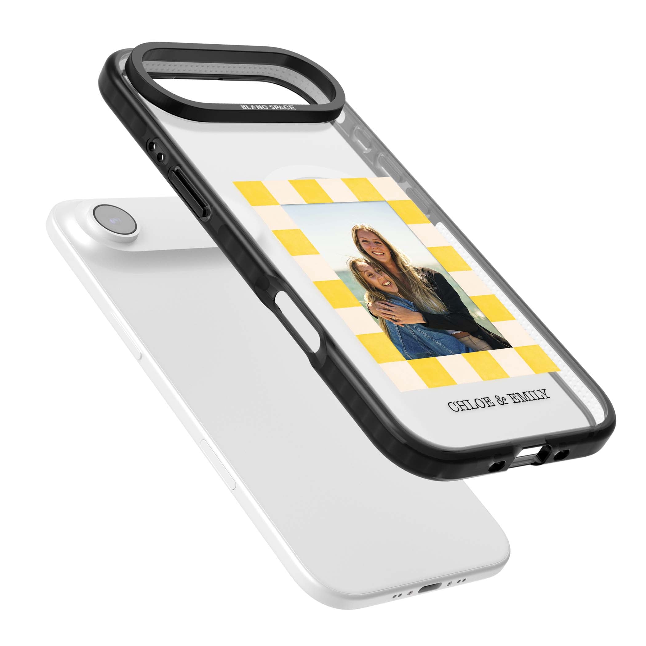 Yellow Check Photo personalised iPhone case with yellow checkered Polaroid frame and custom names beneath | Black Impact Magsafe case for iPhone Air