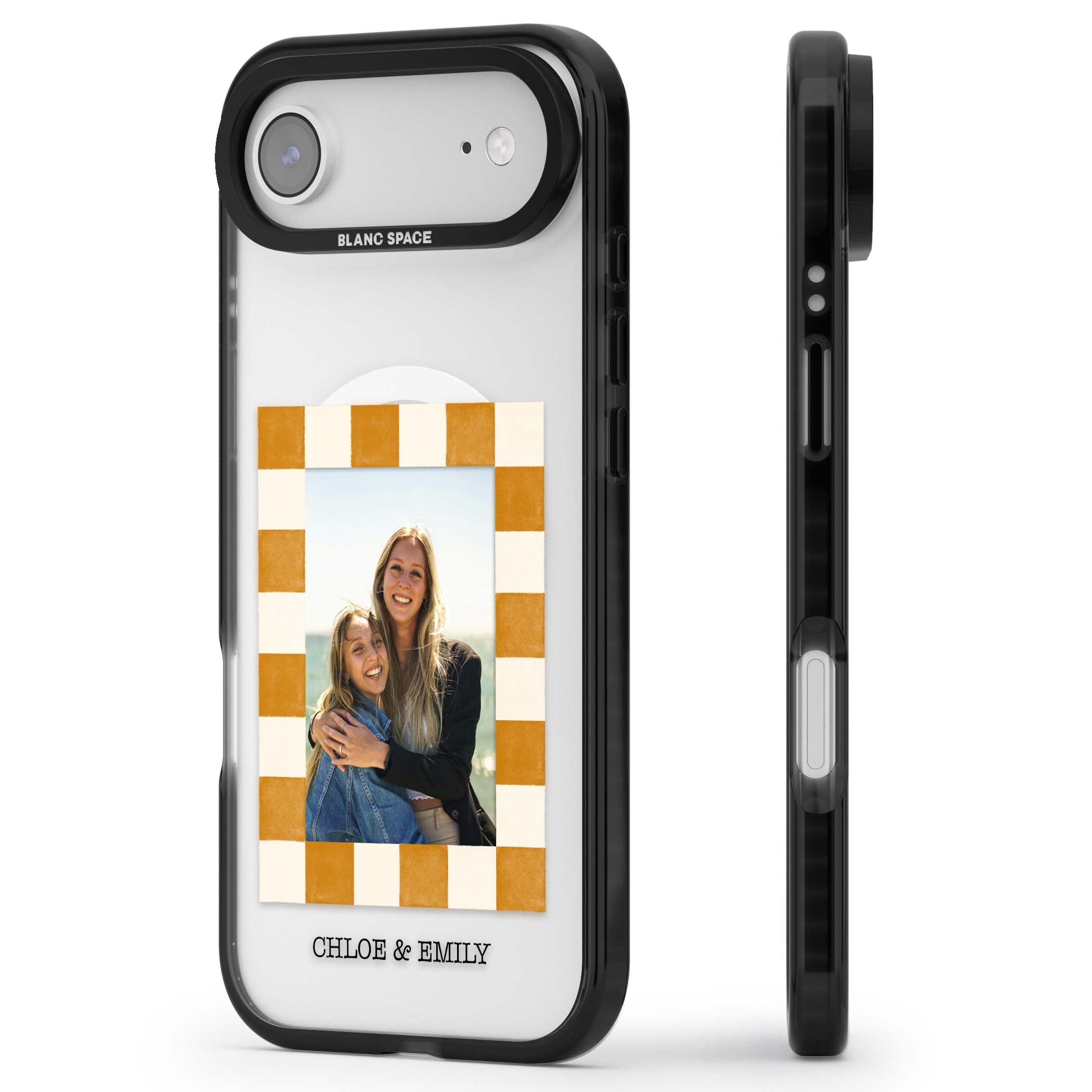 Citrus Check Photo personalised iPhone case with custom photo, orange checkered frame and names underneath | Black Impact Magsafe case for iPhone Air