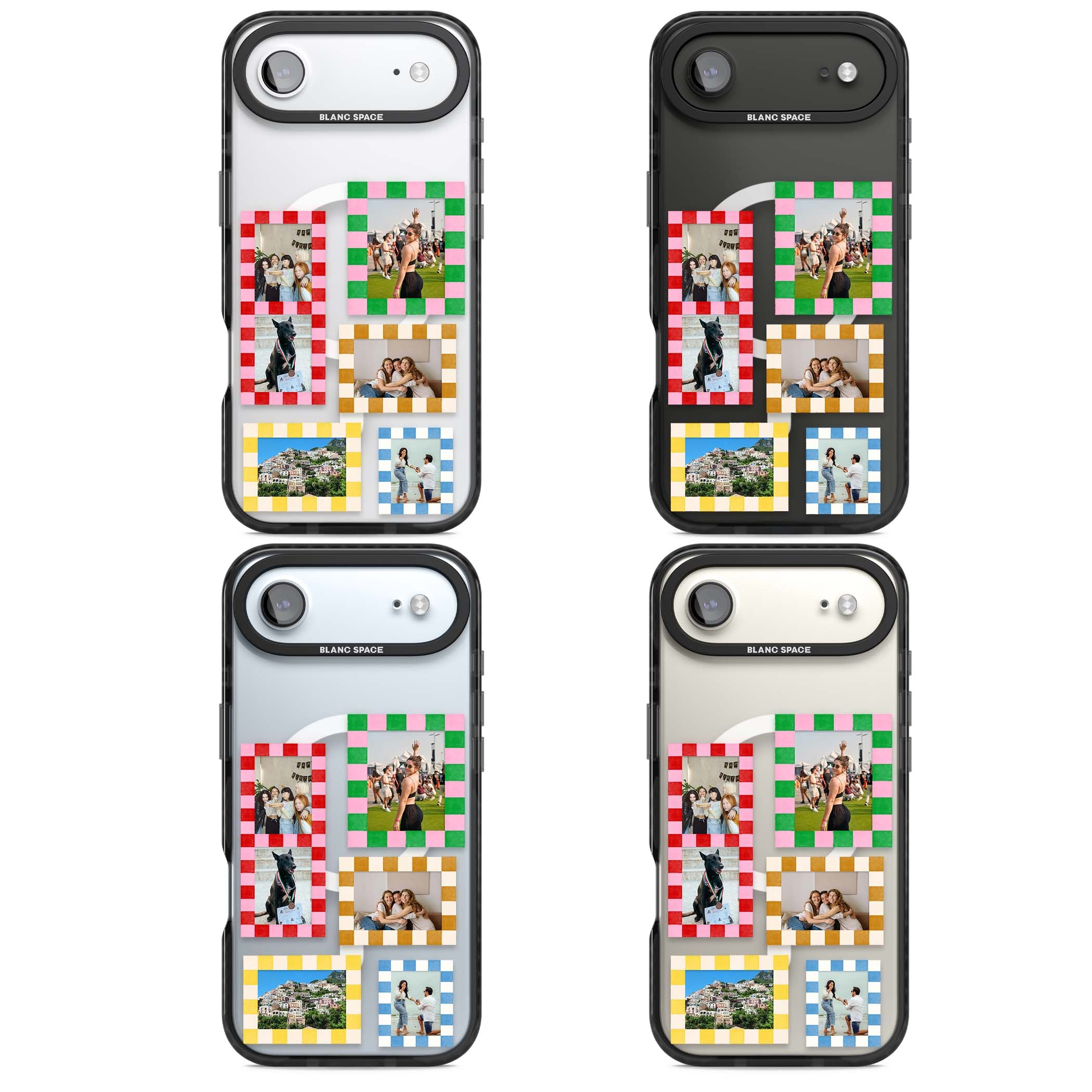 Italian Check Frames custom photo collage iPhone case featuring six checkered photo frames in red, green, pink and  | Black Impact Magsafe case for iPhone Air