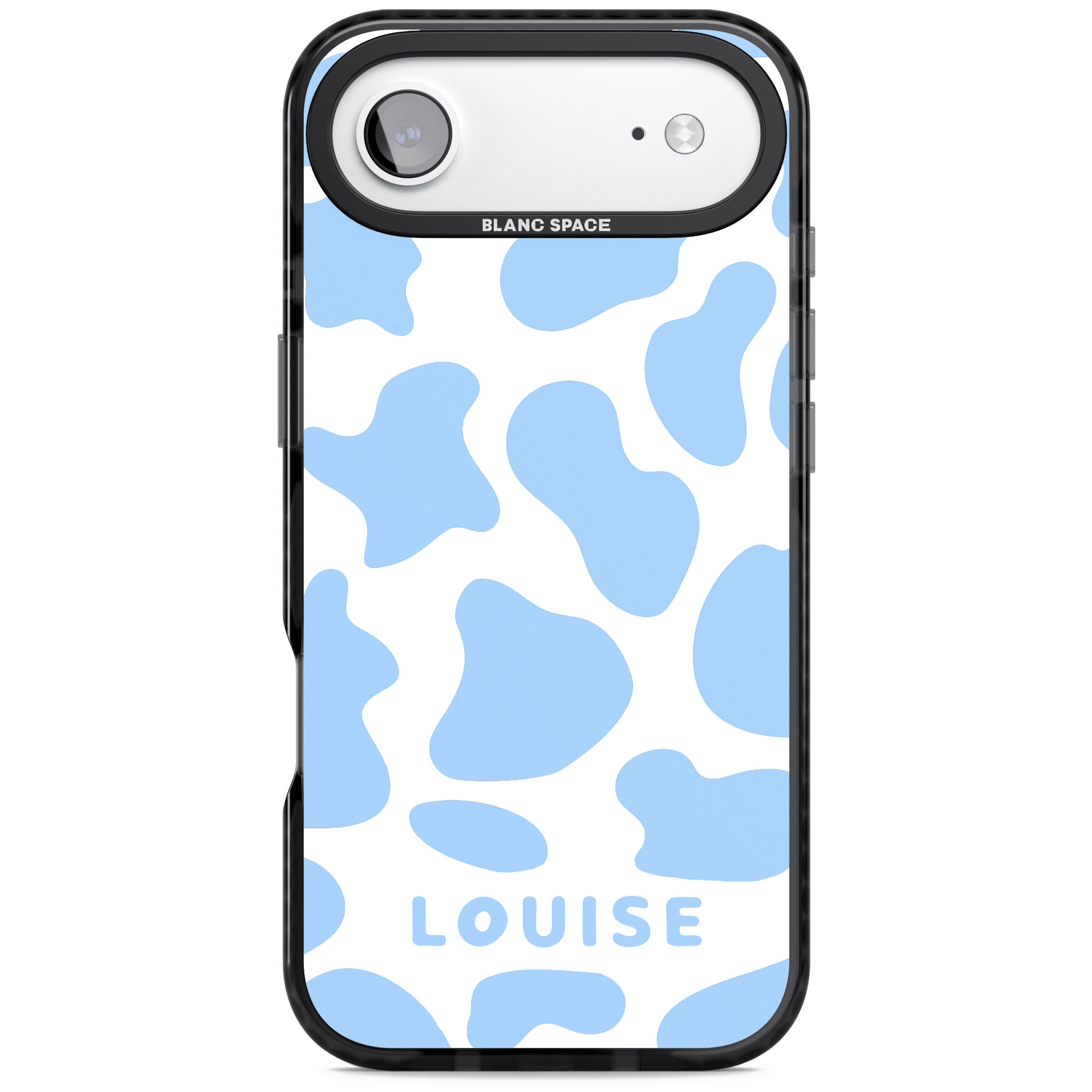 Personalised Blue And White Cow Print iPhone 17 Air Impact Pro Black Phone Case