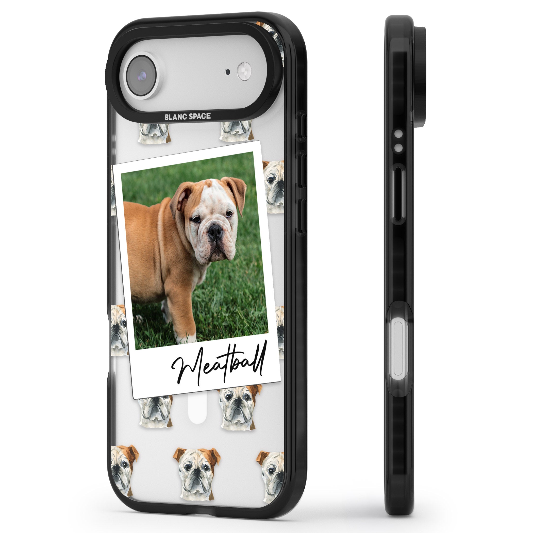 Personalised English Bulldog Instant Camera Photo iPhone 17 Air Impact Pro Black Phone Case Side Profile