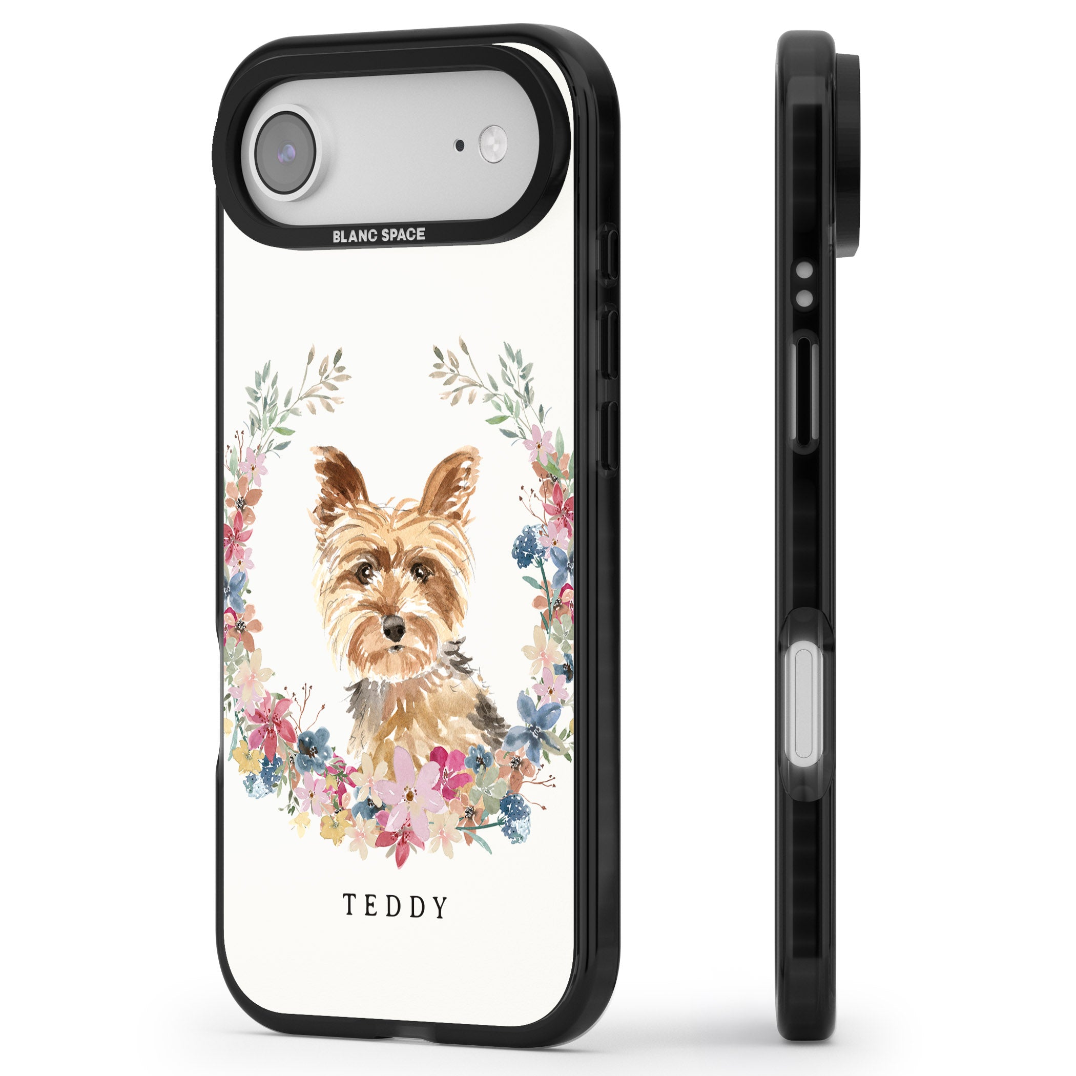 Personalised Yorkshire Terrier Floral Portrait iPhone 17 Air Impact Pro Black Phone Case Side Profile