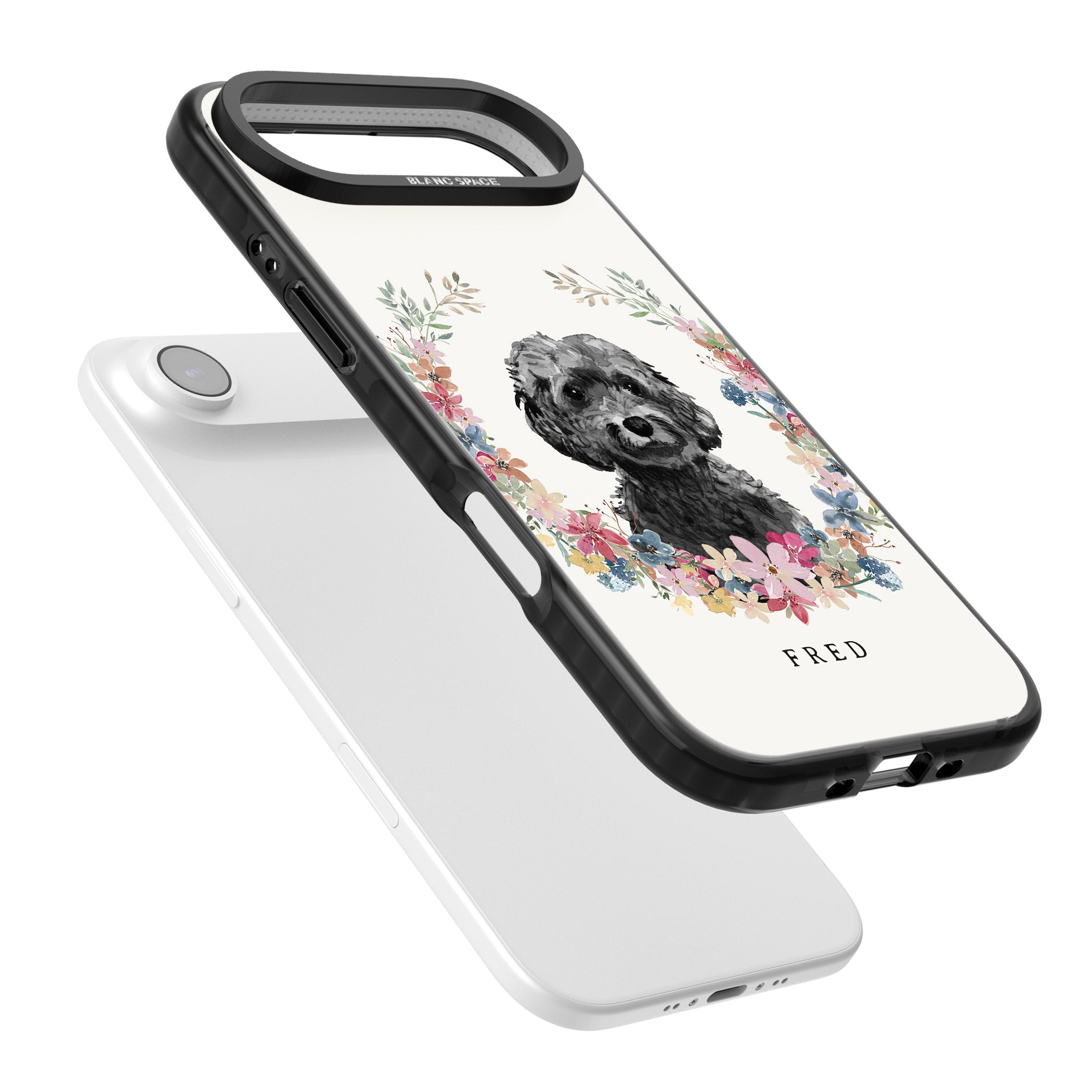 Personalised Black Cockapoo Floral Portrait iPhone 17 Air Impact Pro Black Phone Case Colours