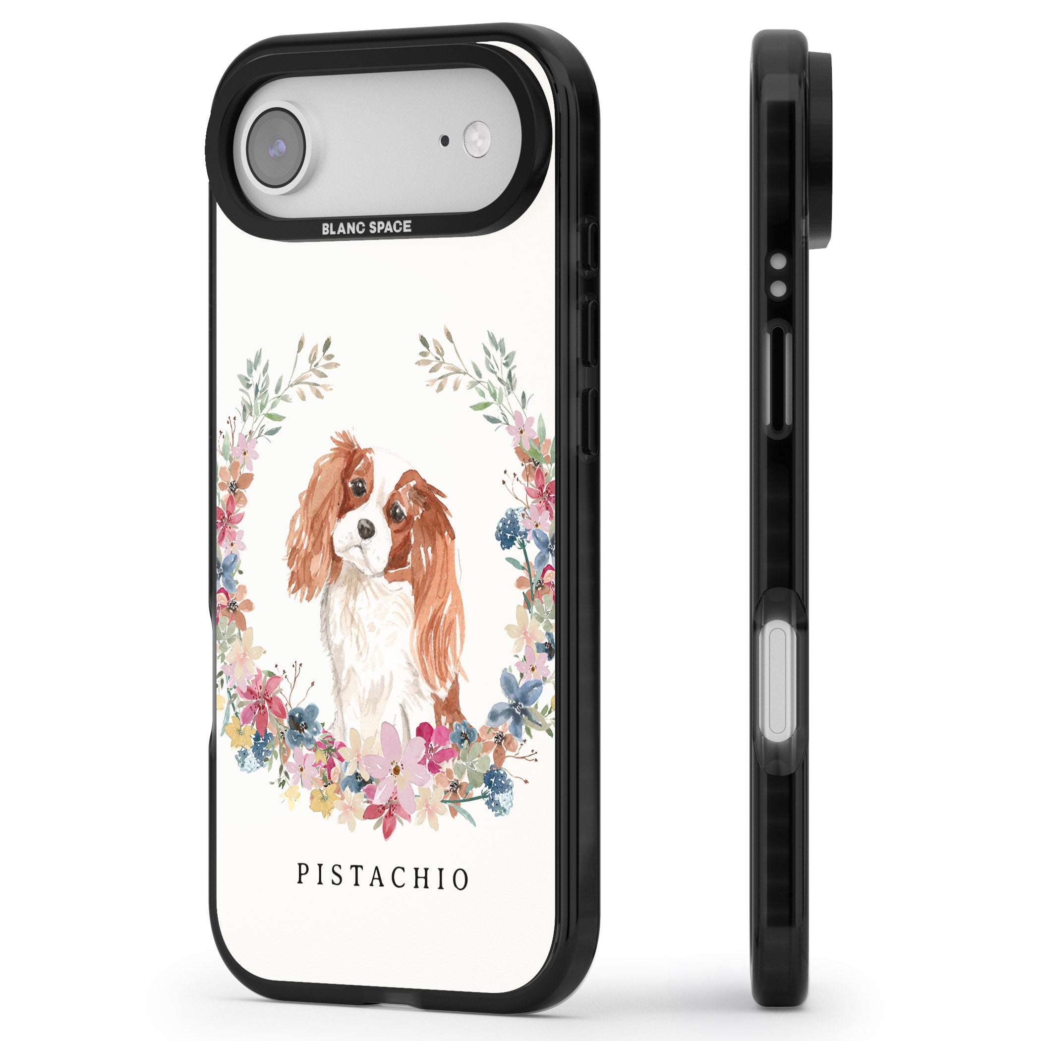 Personalised Cavalier King Charles Floral Portrait iPhone 17 Air Impact Pro Black Phone Case Side Profile