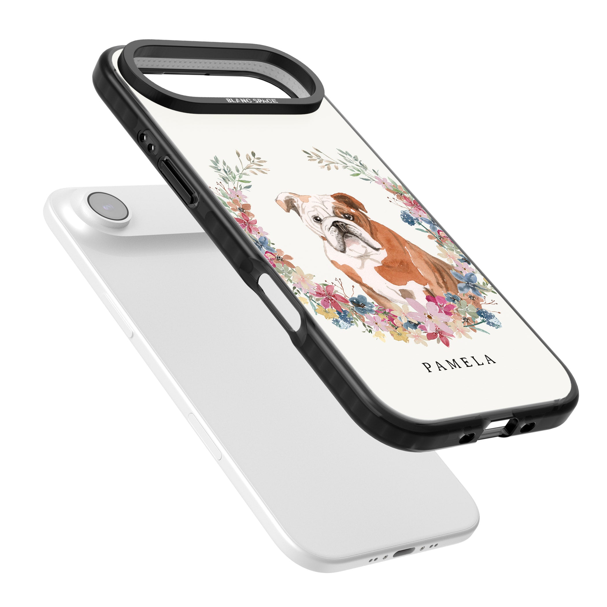 Personalised English Bulldog Floral Portrait iPhone 17 Air Impact Pro Black Phone Case Colours