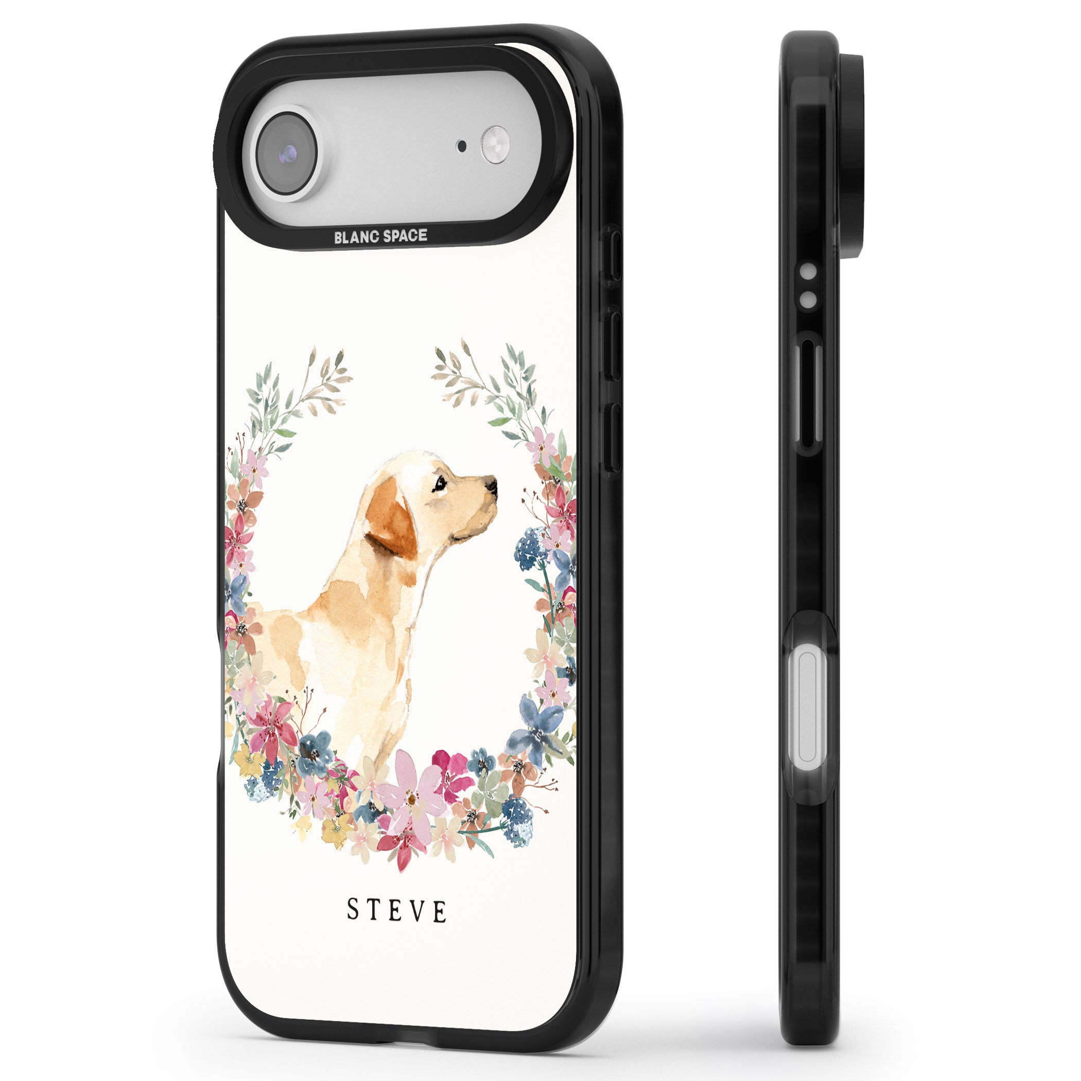 Personalised Yellow Labrador Floral Portrait iPhone 17 Air Impact Pro Black Phone Case Side Profile