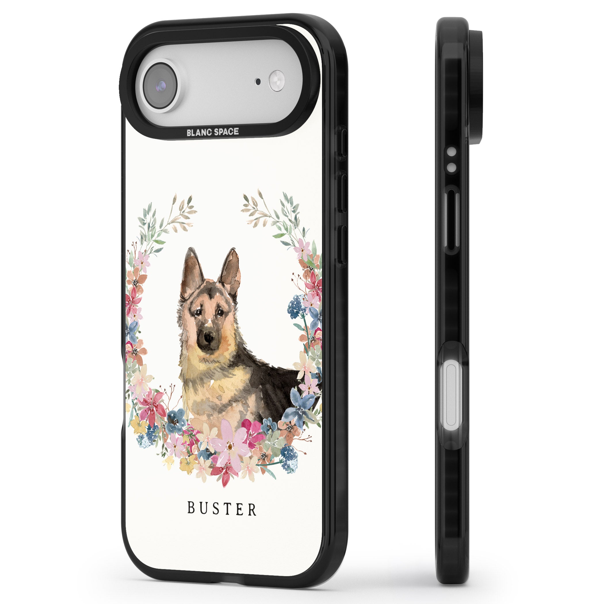 Personalised German Shepherd Floral Portrait iPhone 17 Air Impact Pro Black Phone Case Side Profile