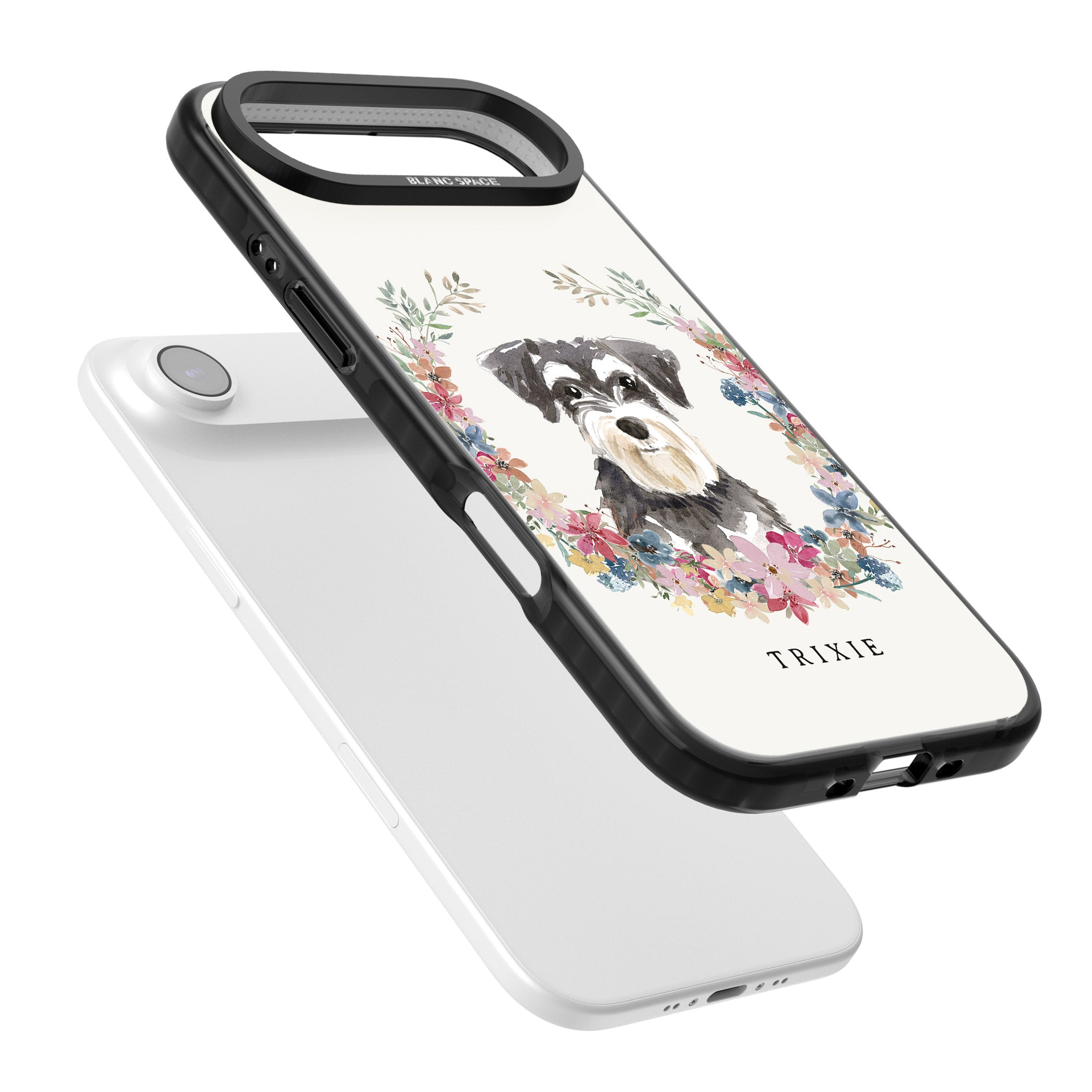 Personalised Watercolor Schnauzer Floral Portrait iPhone 17 Air Impact Pro Black Phone Case Colours