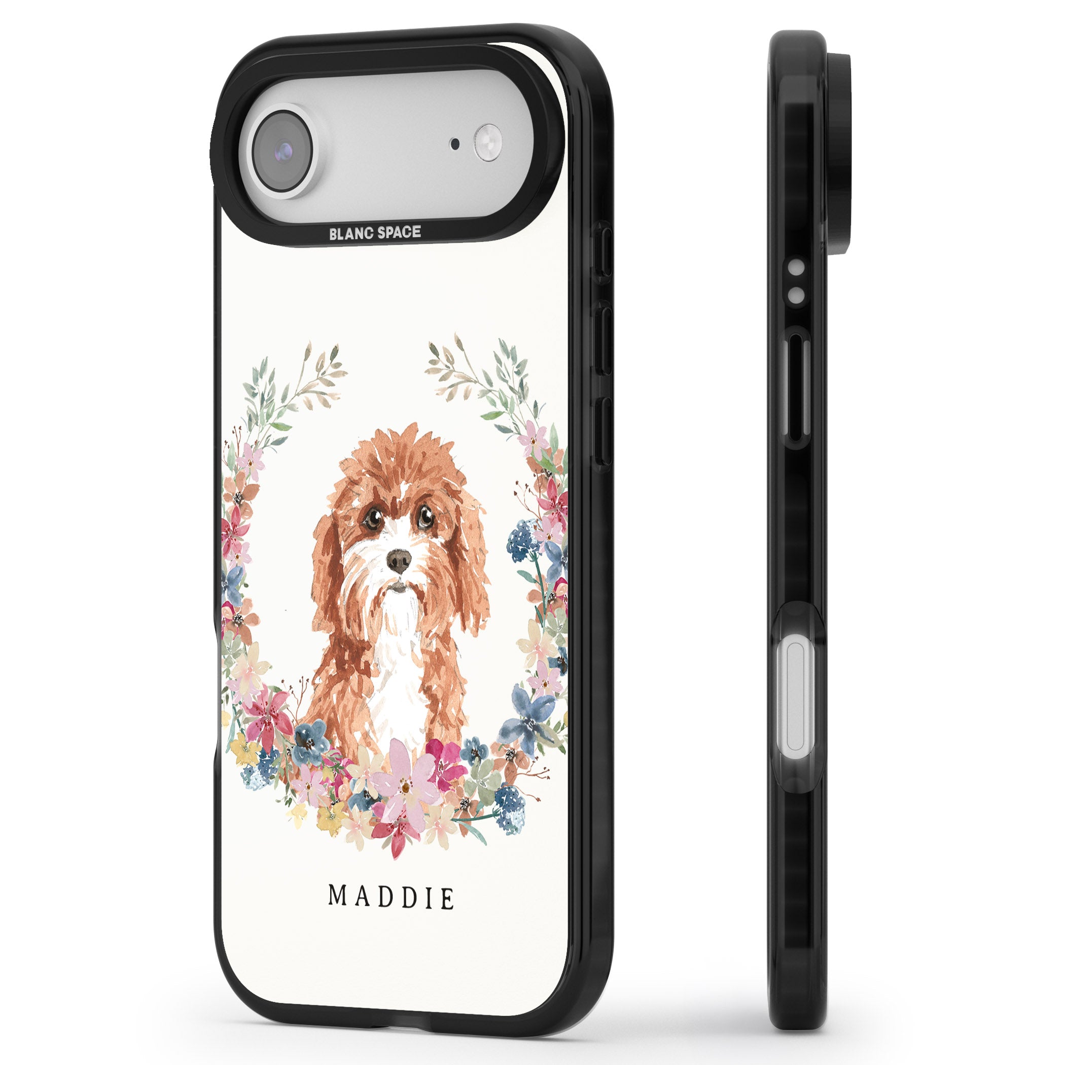 Personalised Cavapoo Floral Portrait iPhone 17 Air Impact Pro Black Phone Case Side Profile