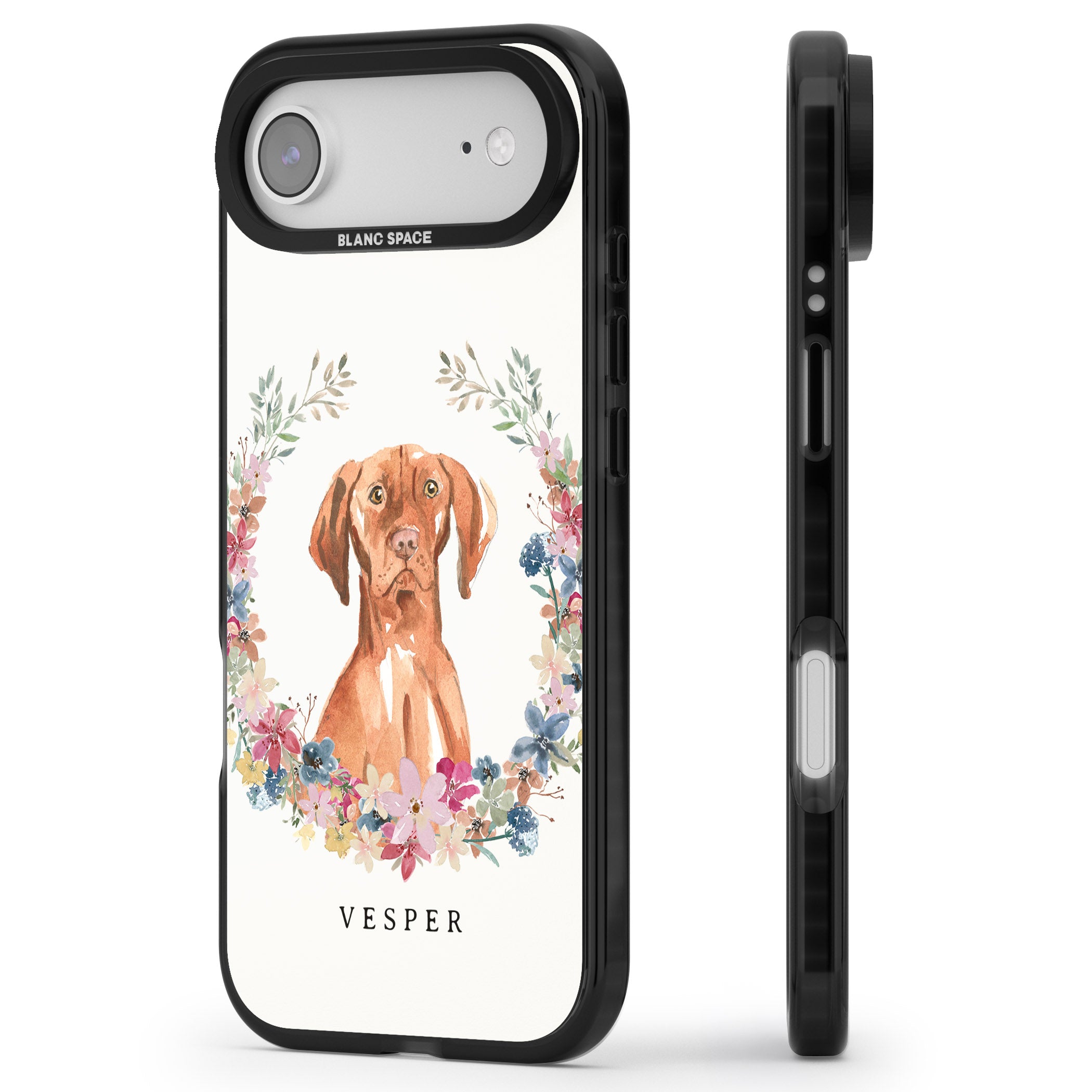 Personalised Hungarian Vizsla Floral Portrait iPhone 17 Air Impact Pro Black Phone Case Side Profile