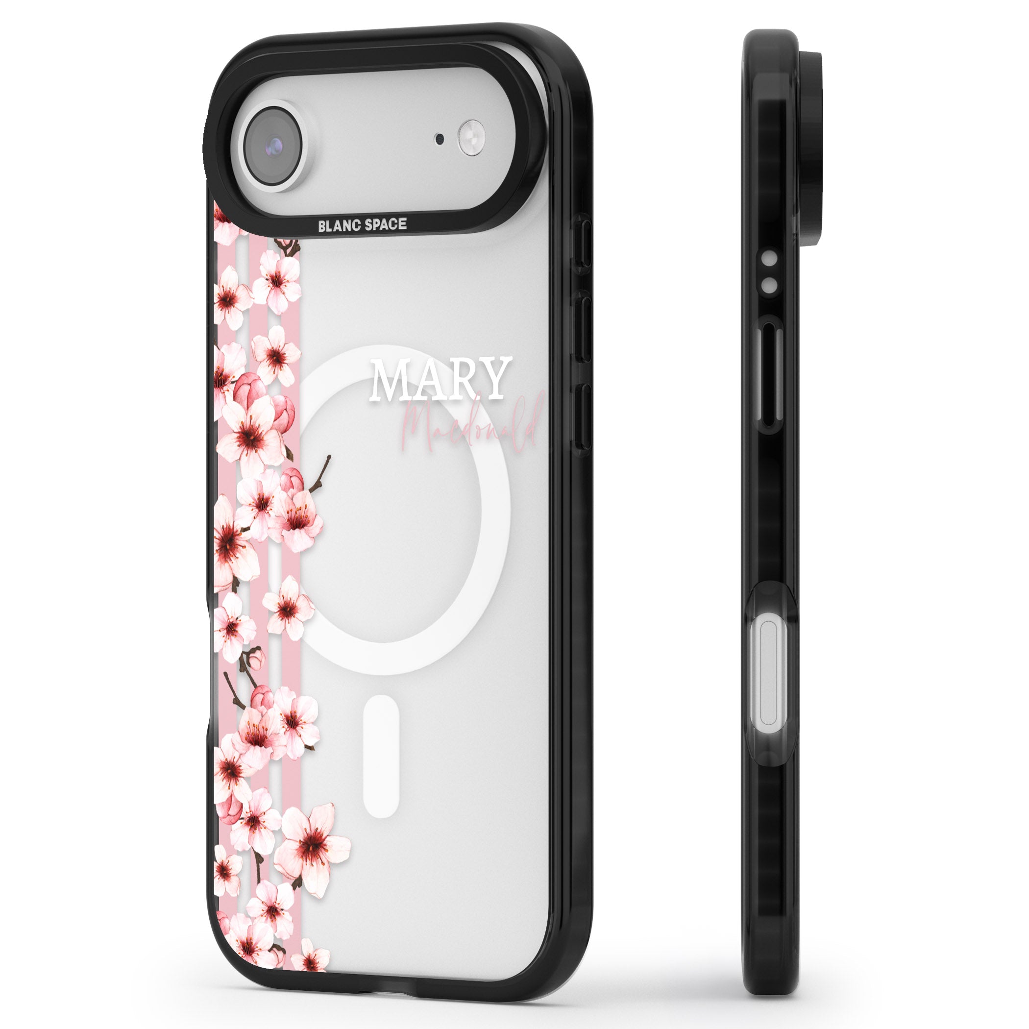 Personalised Cherry Blossom Stripes iPhone 17 Air Impact Pro Black Phone Case Side Profile