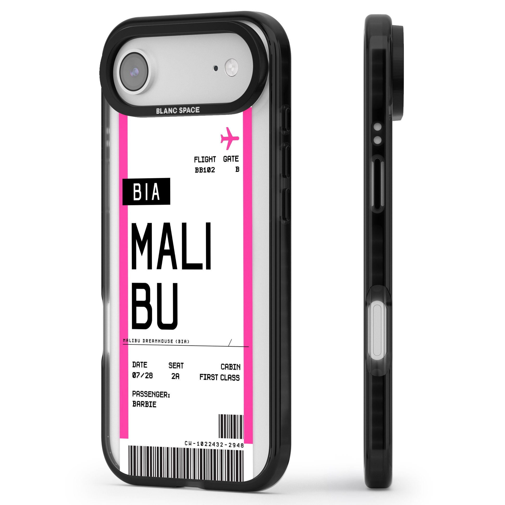 Personalised Pink Malibu Boarding Pass iPhone 17 Air Impact Pro Black Phone Case Side Profile