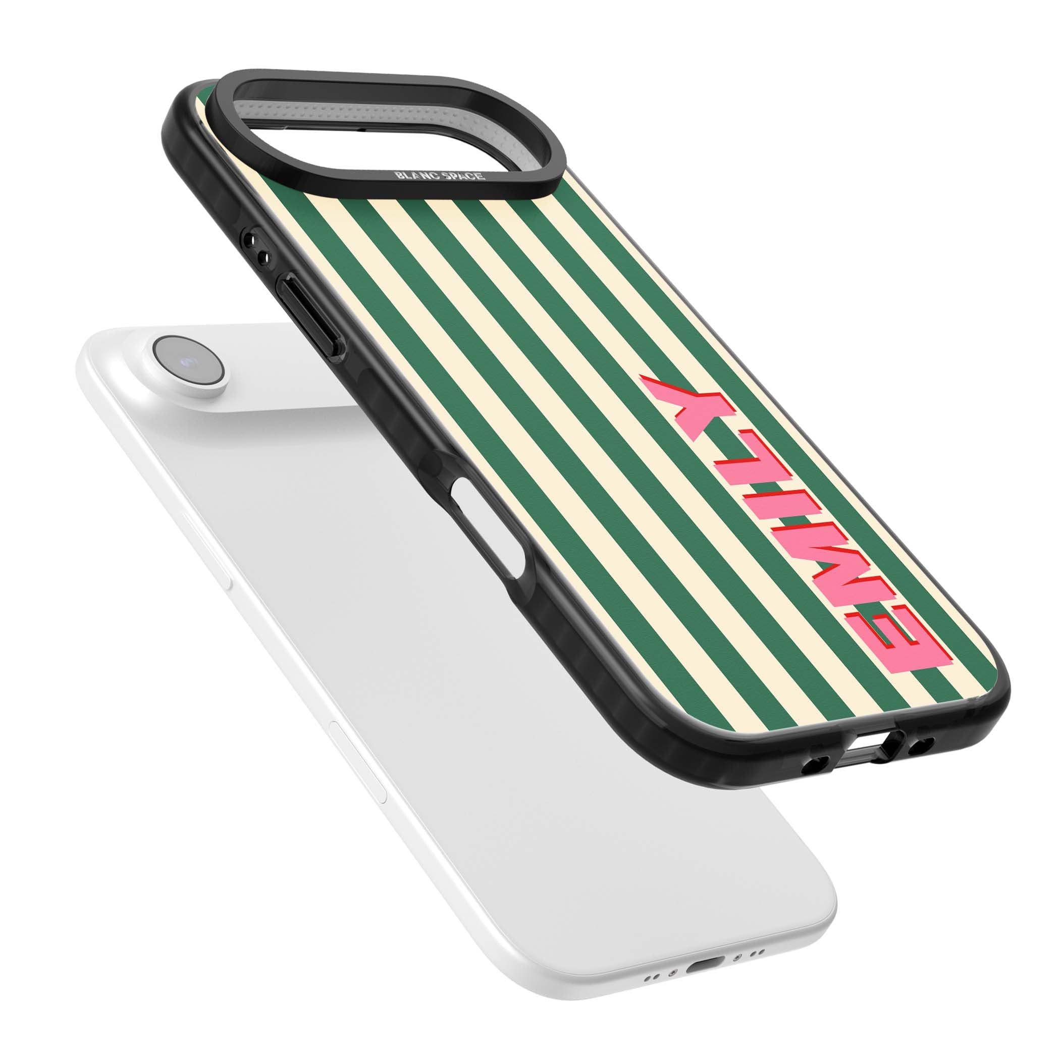 Wimbledon Stripe preppy iPhone case featuring green and cream vertical stripes with a personalised pink name | Black Impact Magsafe case for iPhone Air