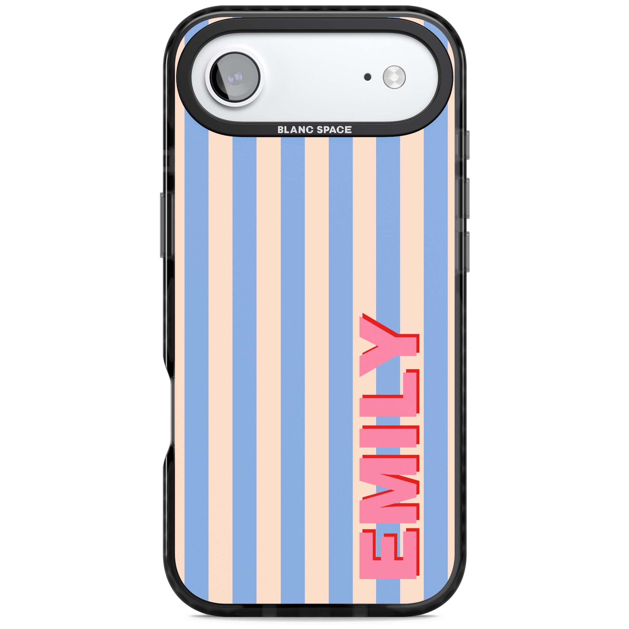 Coastal Stripe personalised coastal iPhone case with blue and peach vertical stripes and custom pink name | Black Impact Magsafe case for iPhone Air
