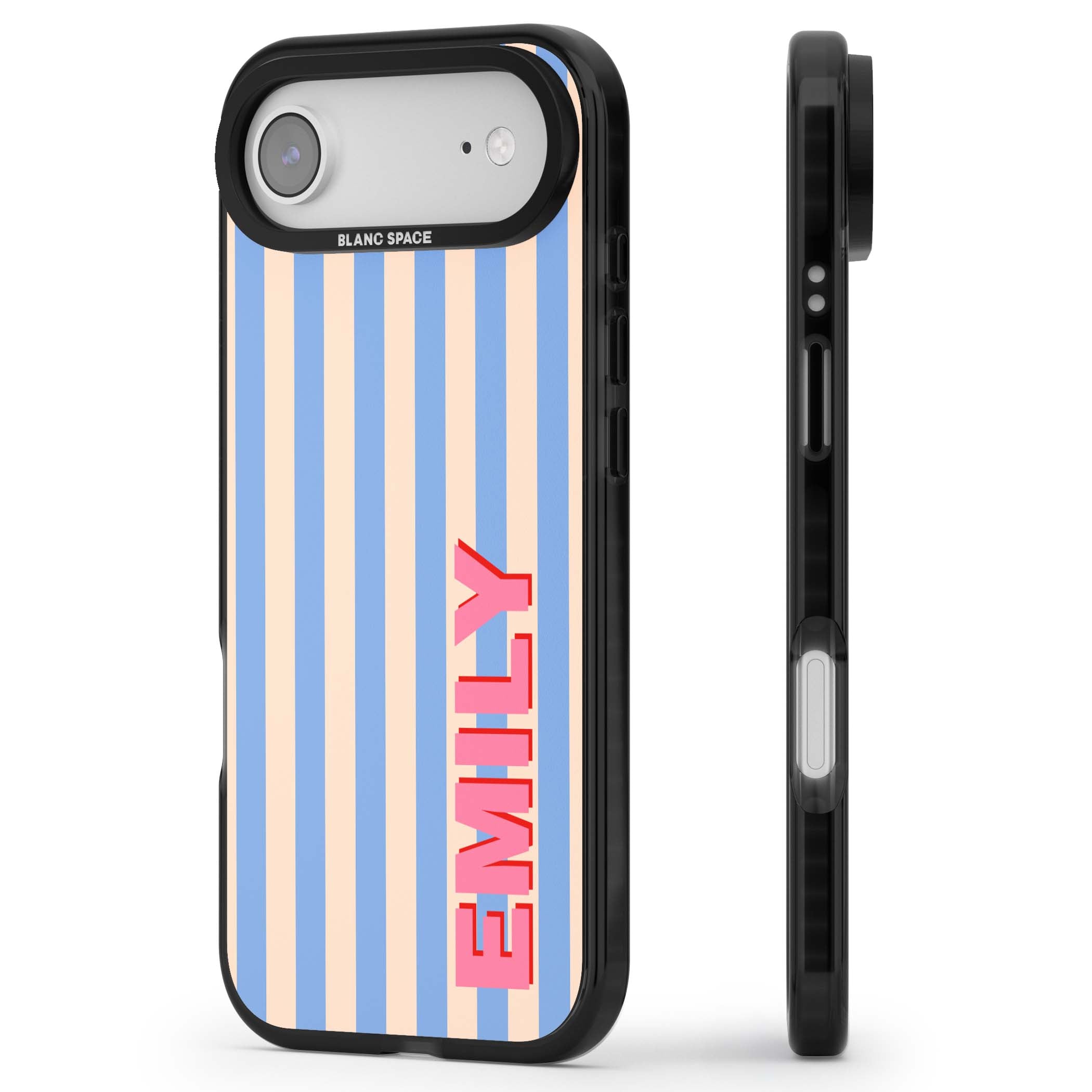 Coastal Stripe personalised coastal iPhone case with blue and peach vertical stripes and custom pink name | Black Impact Magsafe case for iPhone Air