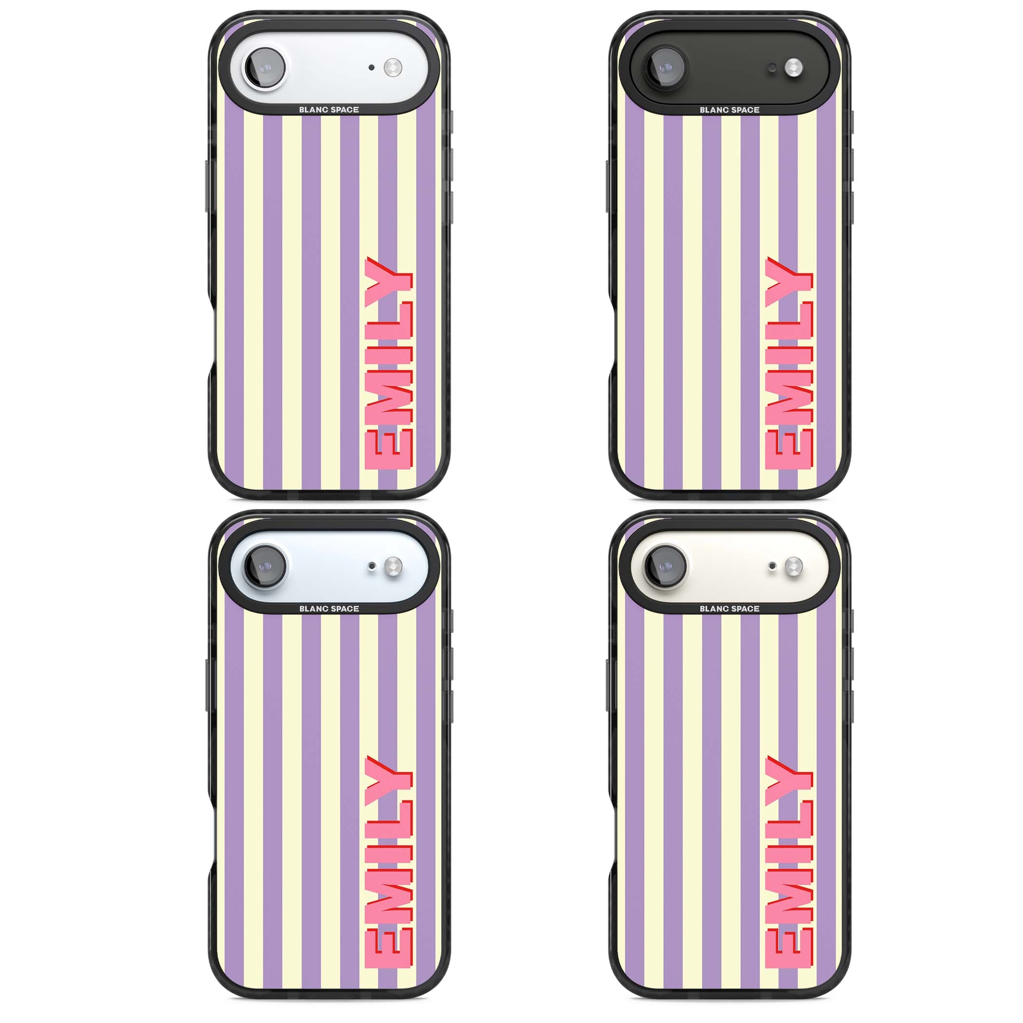 Valensole Stripe personalised iPhone case with purple and cream vertical stripes and pink custom name | Black Impact Magsafe case for iPhone Air