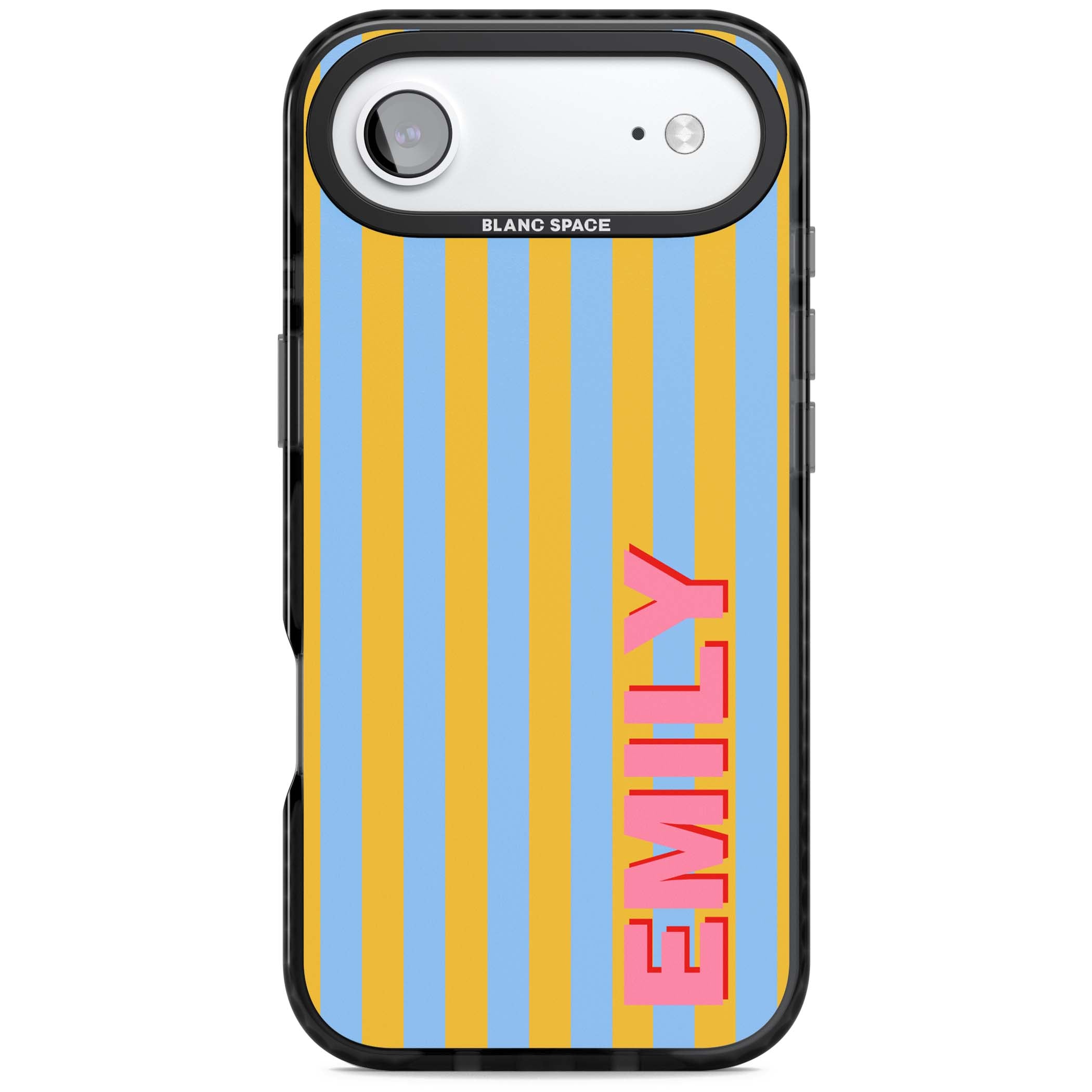 Carribean Stripe personalised coastal iPhone case with yellow and blue vertical stripes and a custom pink name | Black Impact Magsafe case for iPhone Air