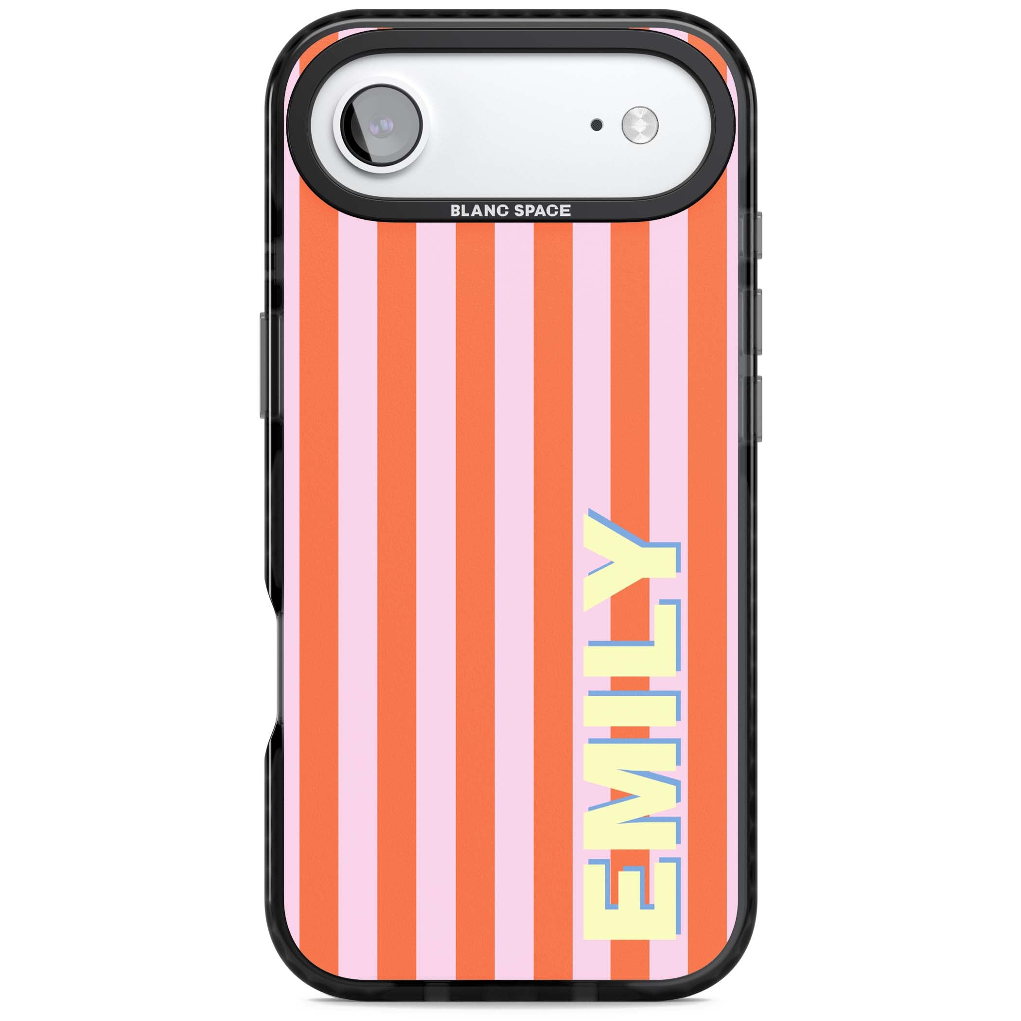 Havana Stripe personalised iPhone case featuring pink and orange vertical stripes with a custom yellow name | Black Impact Magsafe case for iPhone Air