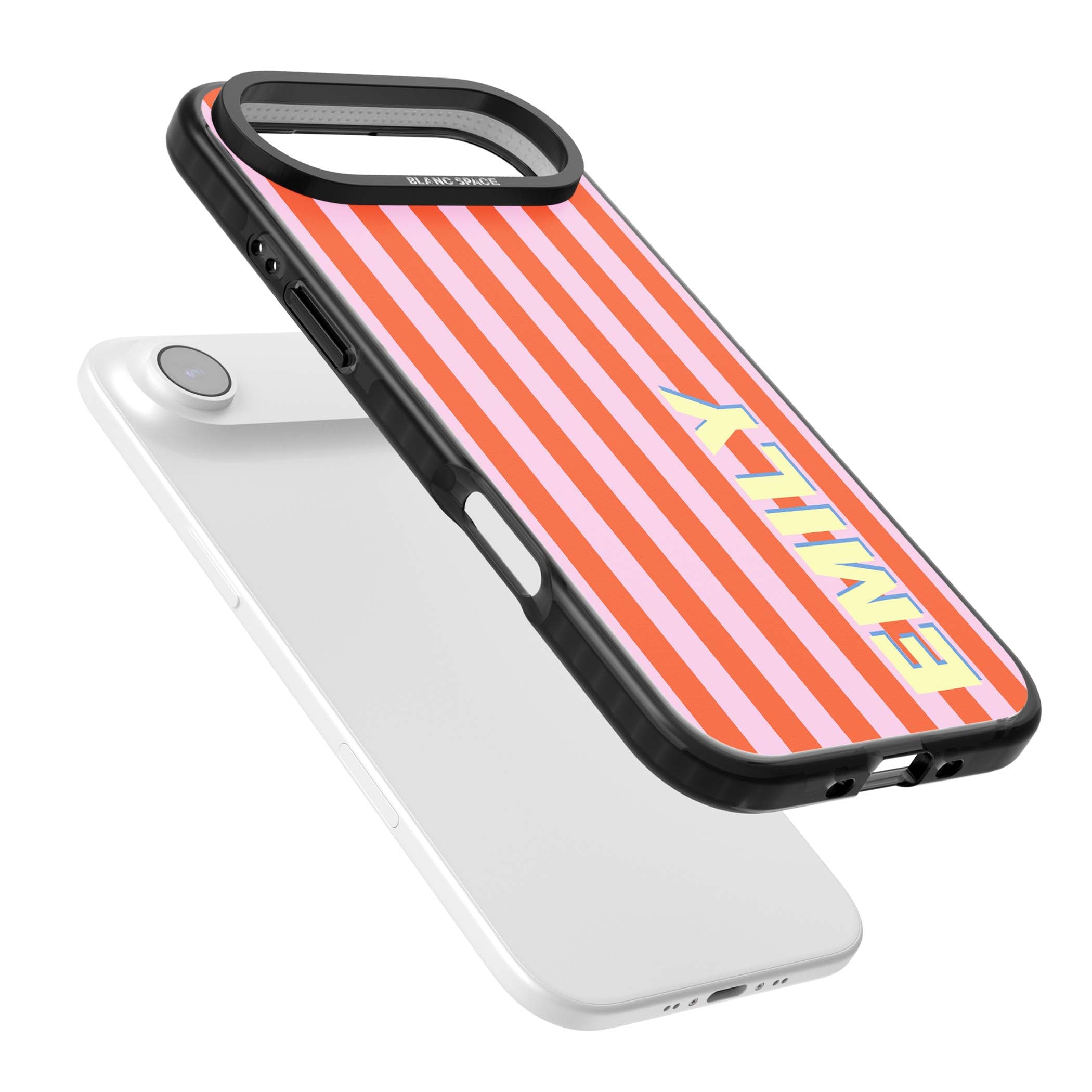Havana Stripe personalised iPhone case featuring pink and orange vertical stripes with a custom yellow name | Black Impact Magsafe case for iPhone Air