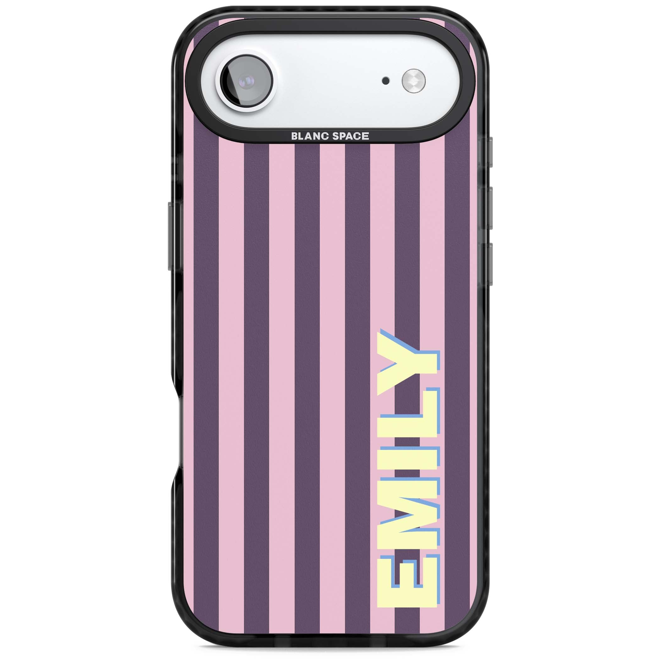 Tyre Stripe personalised stripe iPhone case with plum and pink vertical stripes and custom yellow name | Black Impact Magsafe case for iPhone Air
