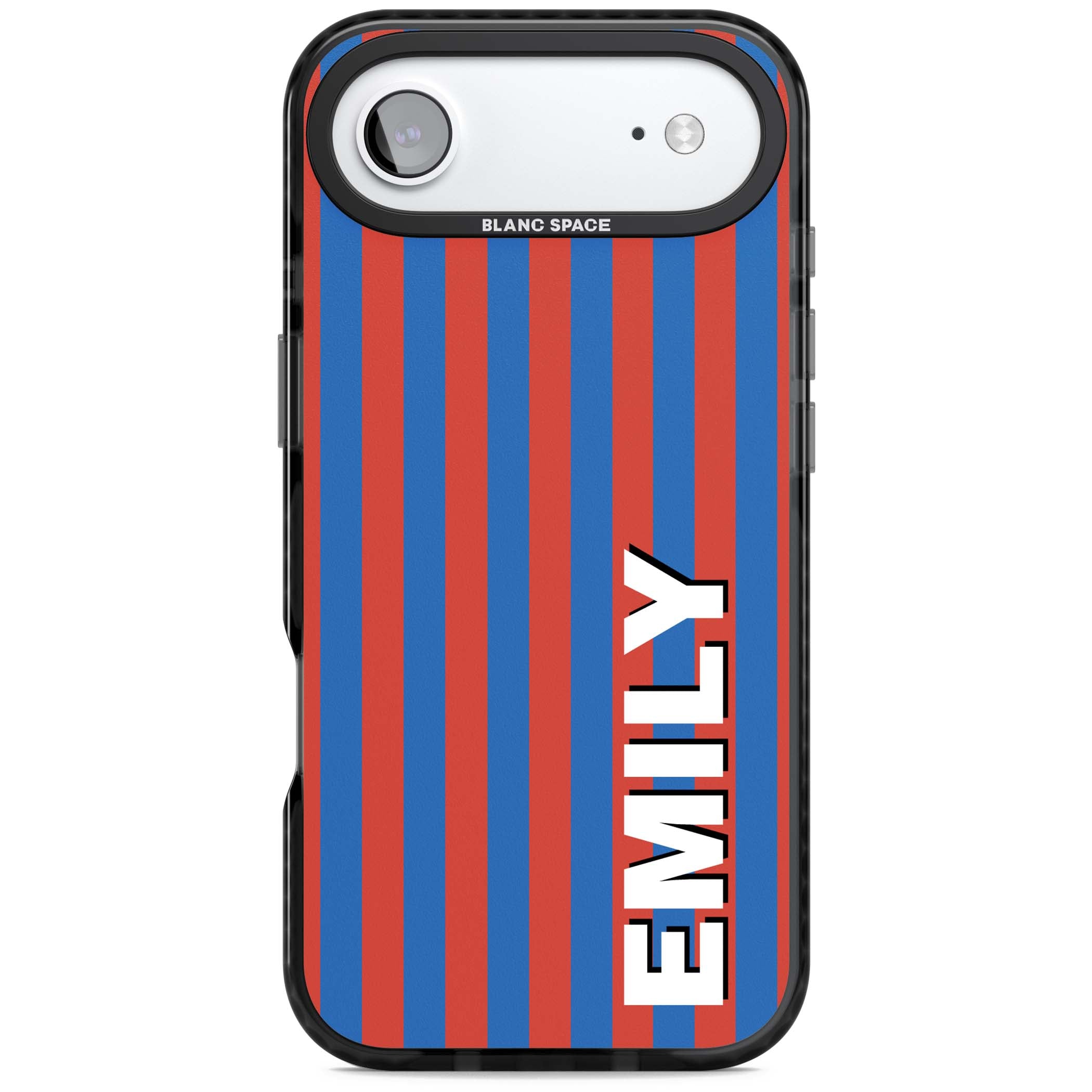 Cuban Stripe personalised iPhone case featuring red and blue vertical stripes with custom name in bold white letters | Black Impact Magsafe case for iPhone Air