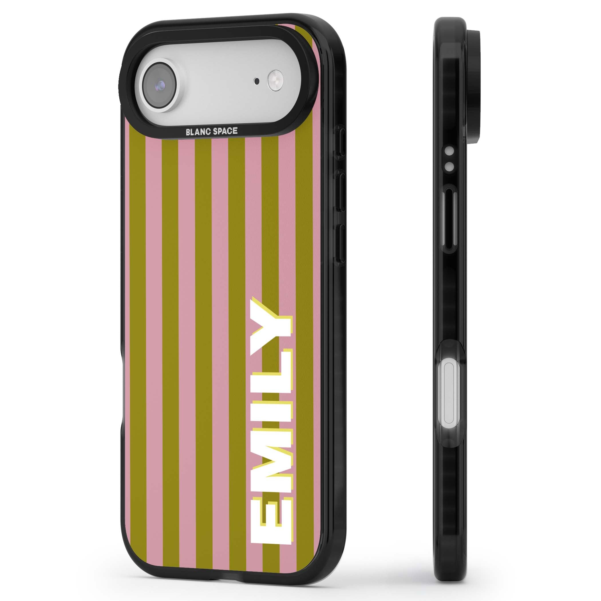 Istanbul Stripe personalised iPhone case featuring pink and olive green vertical stripes with a custom vertical name | Black Impact Magsafe case for iPhone Air