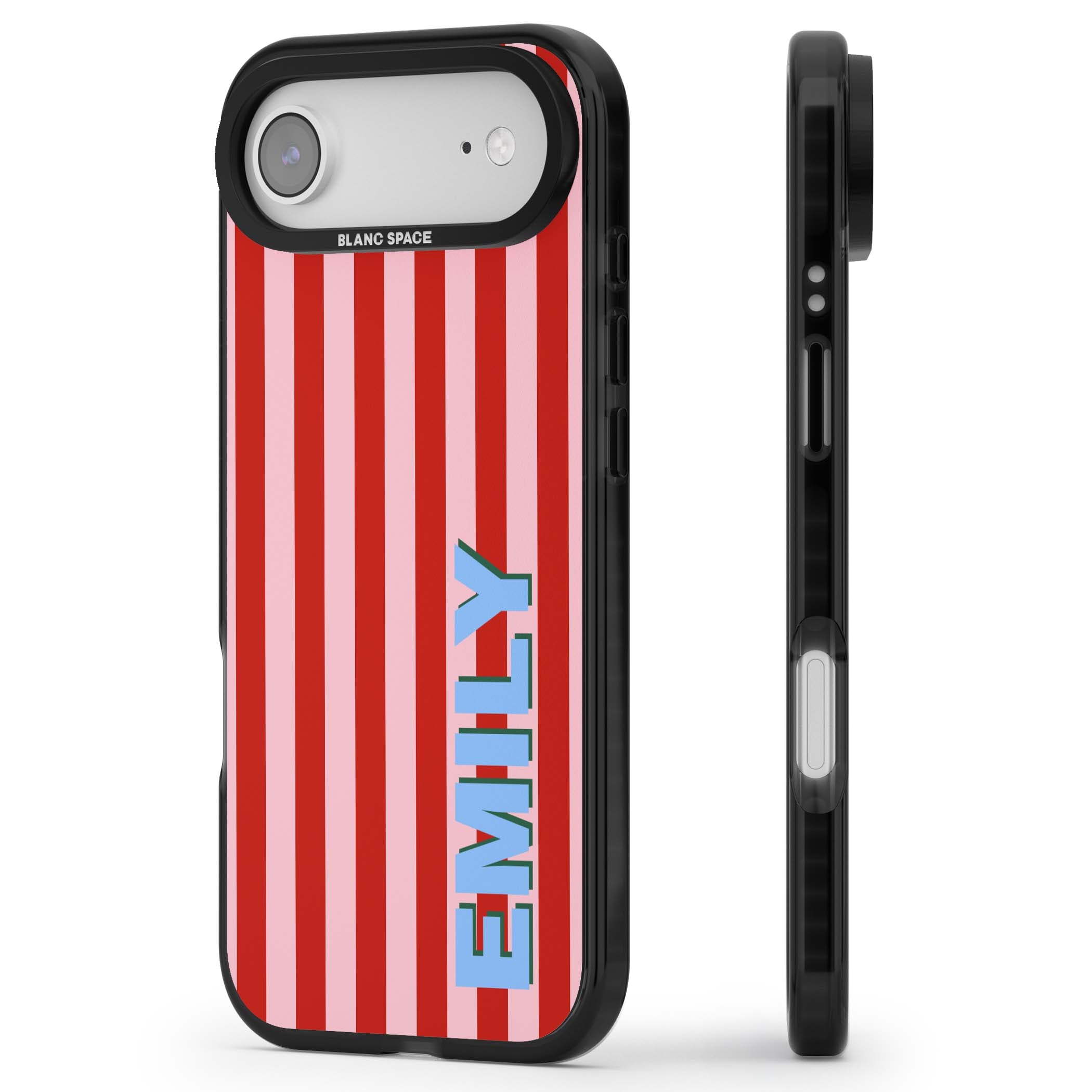 Market Stripe personalised iPhone case with red and pink vertical stripes and custom blue name | Black Impact Magsafe case for iPhone Air